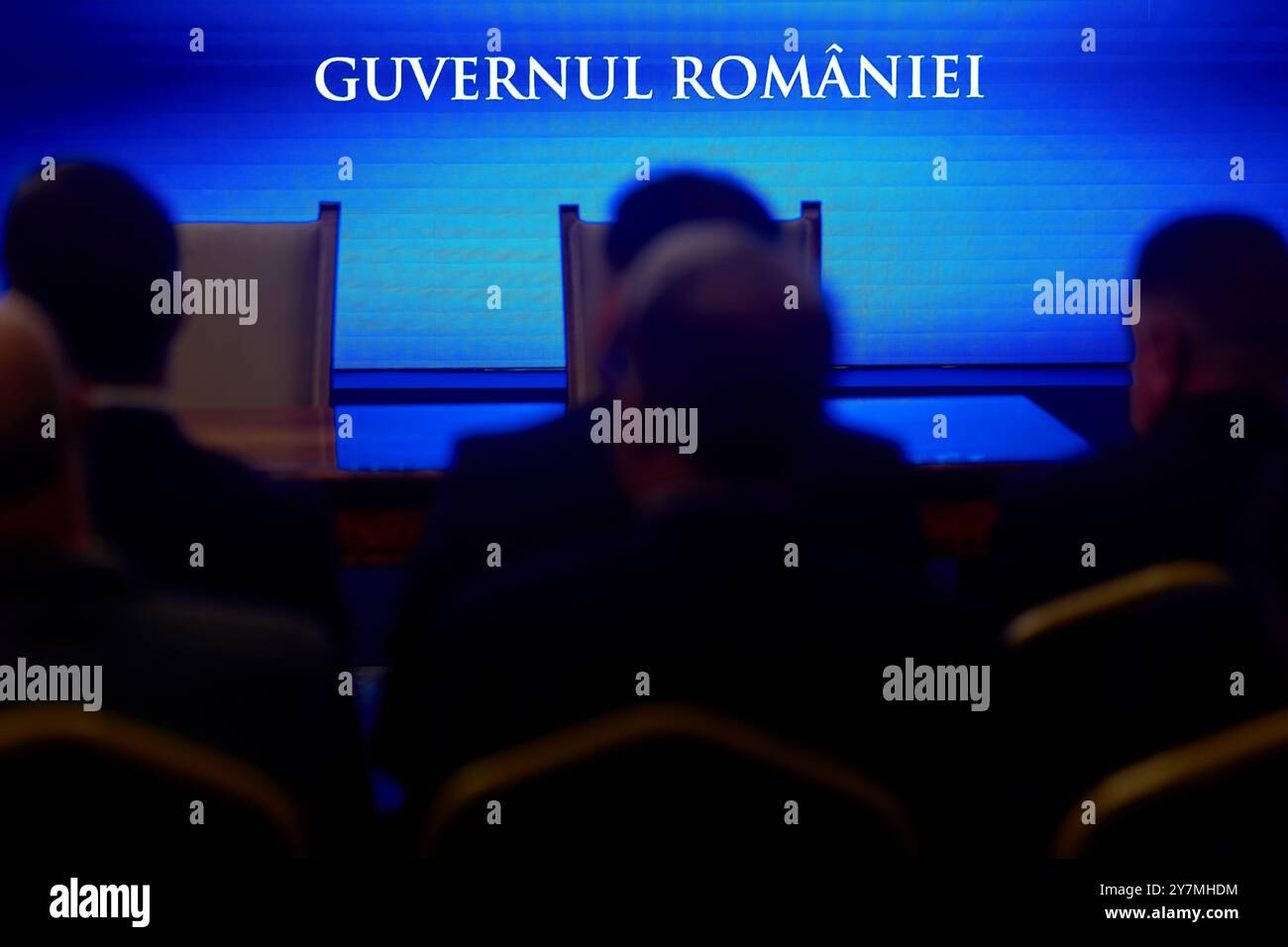 Bucharest, Romania. 30th Sep, 2024: A led screen that says 'Government of Romania' during the signing ceremony of the financing contract for construction of the 'Gheorghe Hagi' Stadium in Constanta, at the Victoria Palace, the Romanian Government headquarters. Credit: Lucian Alecu/Alamy Live News Stock Photo