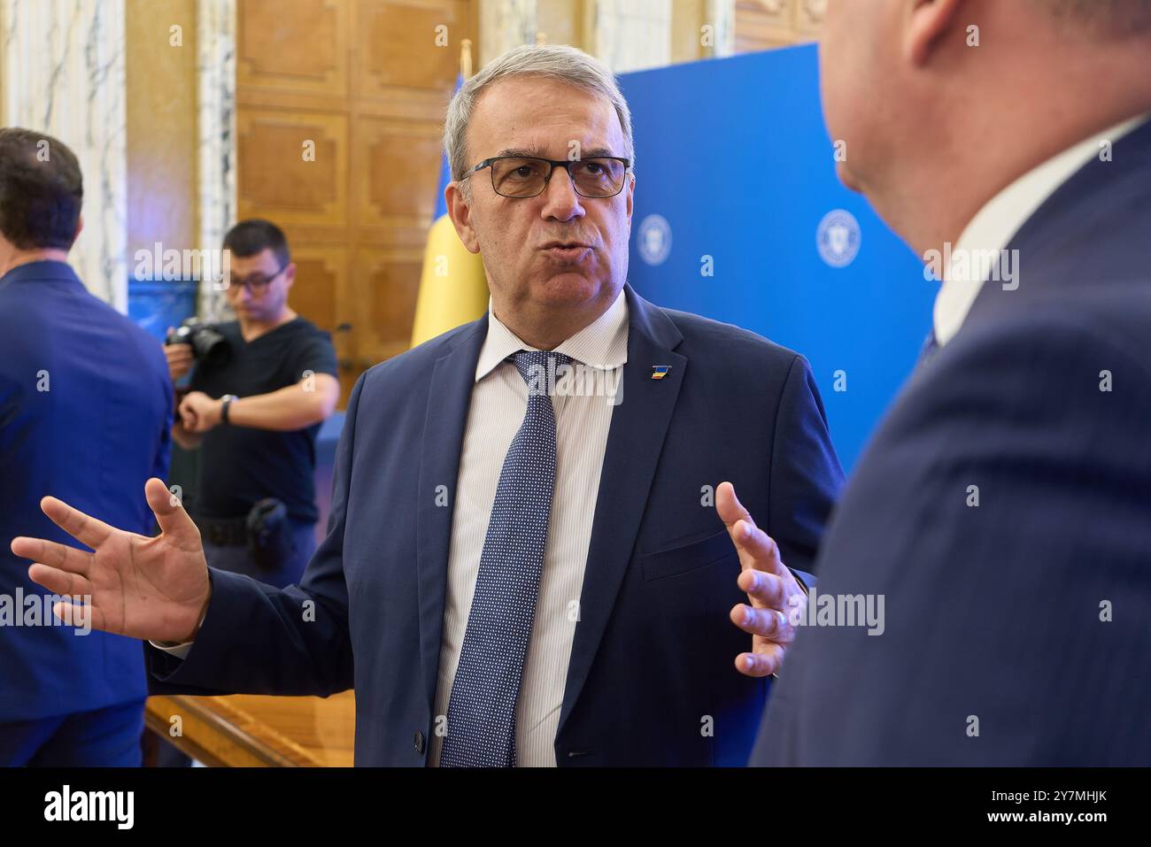 Bucharest, Romania. 30th Sep, 2024: Vergil Chitac, Mayor of Constanta, attends the signing ceremony of the financing contract for construction of the 'Gheorghe Hagi' Stadium in Constanta, at the Victoria Palace, the Romanian Government headquarters. The 18,000-seat stadium, financed by the Ministry of Development, Public Works and Administration. Credit: Lucian Alecu/Alamy Live News Stock Photo