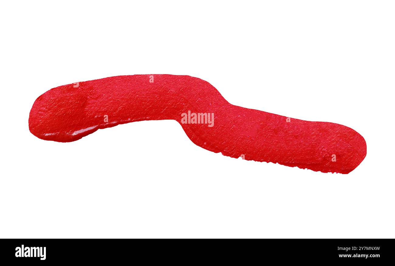 Close up vibrant red paint stroke set against isolated on white ...