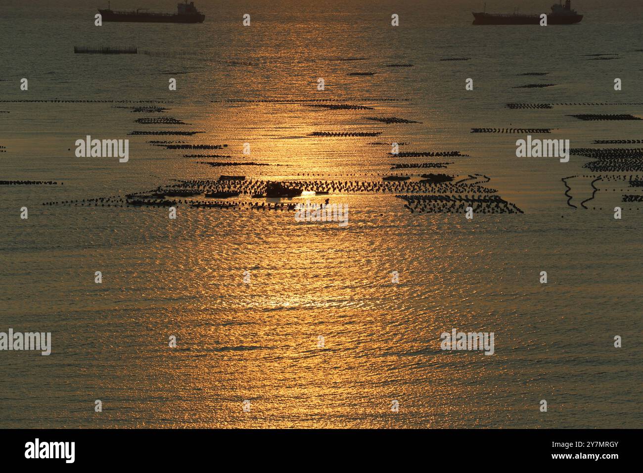 Sea is filled with cargo ships and fishing boats at dusk, with the sunset and the reflection of the sun on the water surface, a beautiful light that c Stock Photo