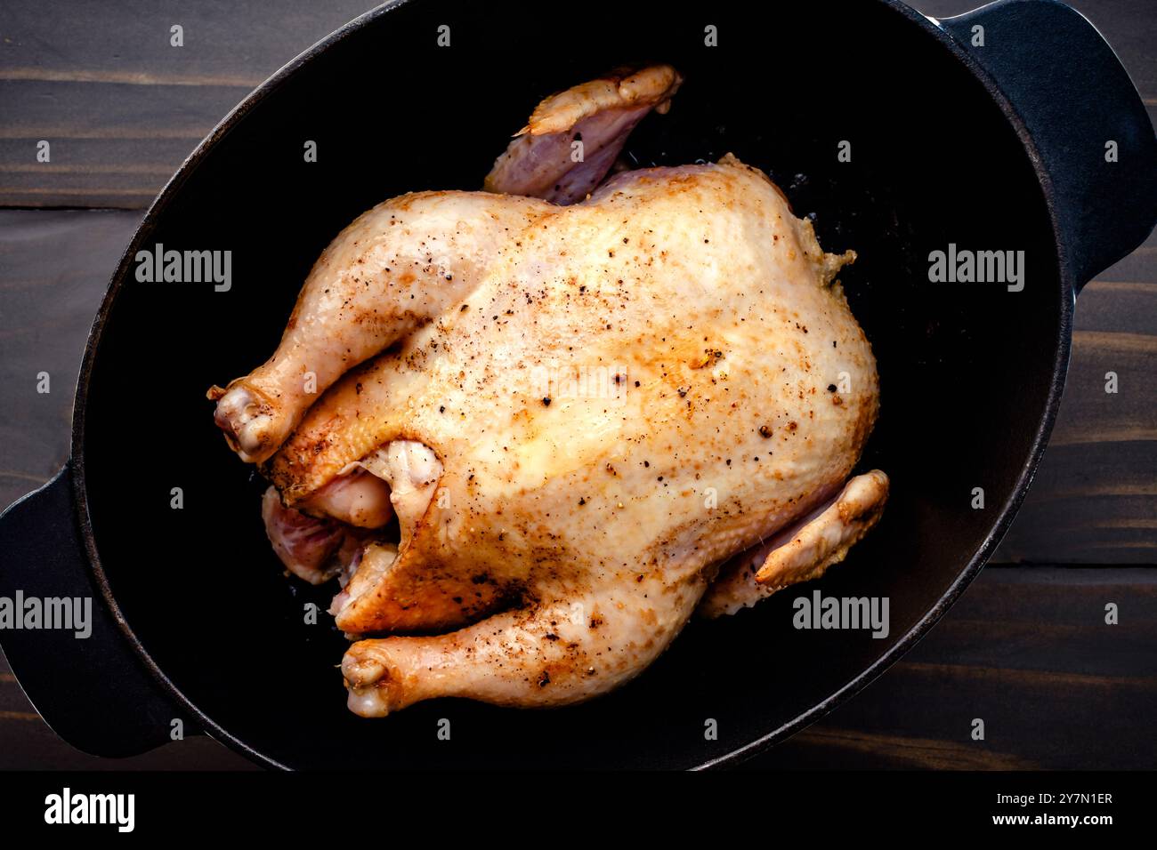 Lightly Browned Whole Chicken in a Dutch Oven: Seasoned whole chicken in a oval cast iron pot that has been briefly seared before roasting Stock Photo