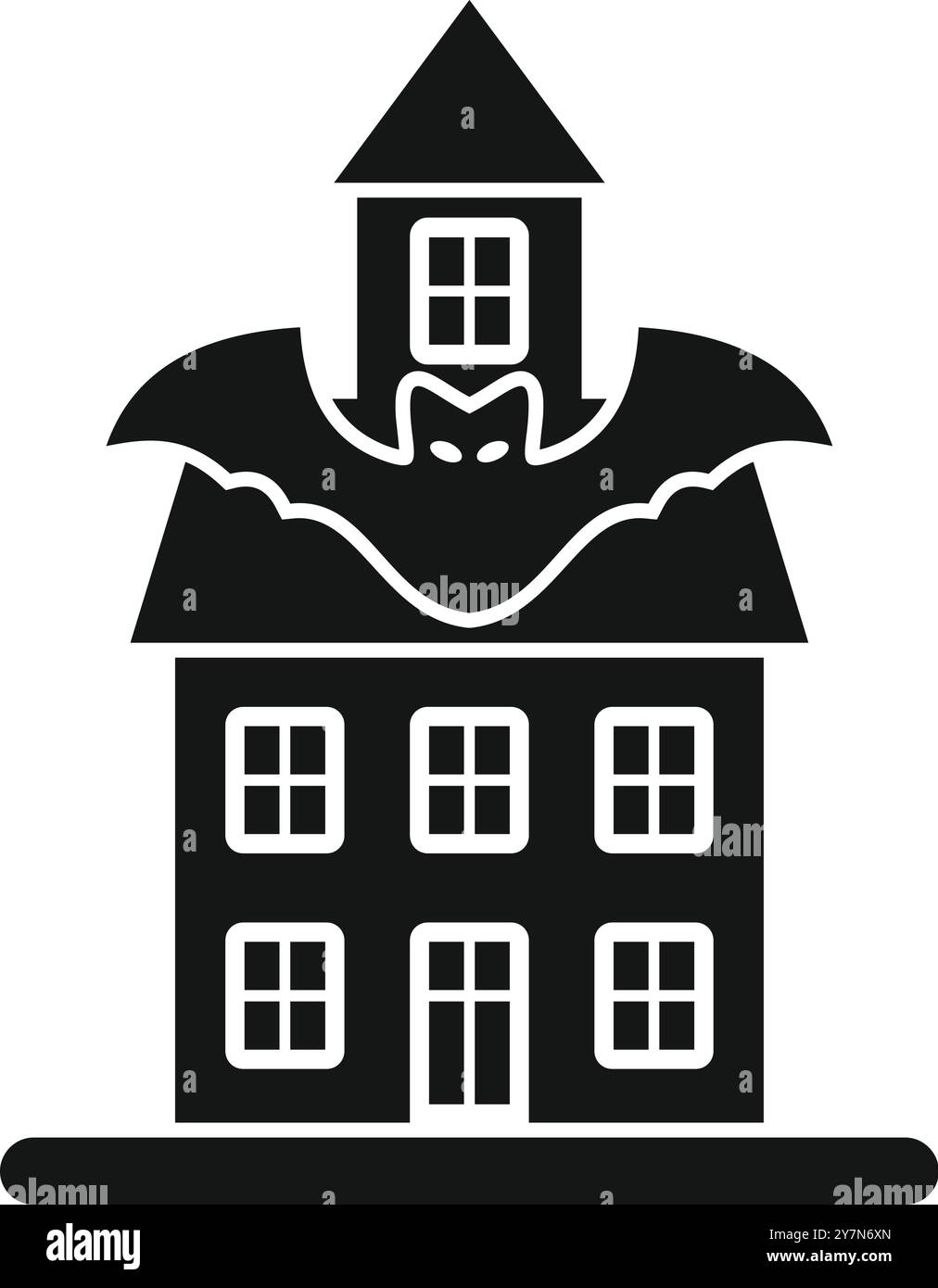 Black and white icon of a haunted house with a bat spreading its wings ...
