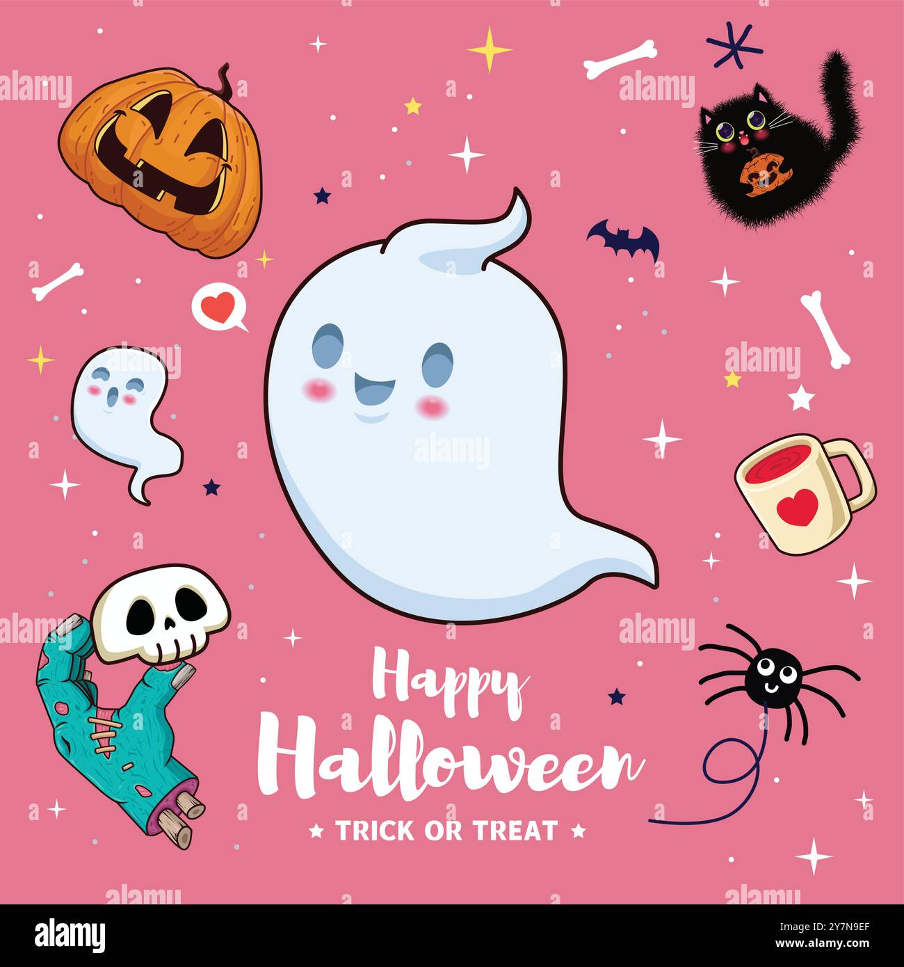 Vintage Halloween poster design with vector ghost, cat, jack o lantern ...