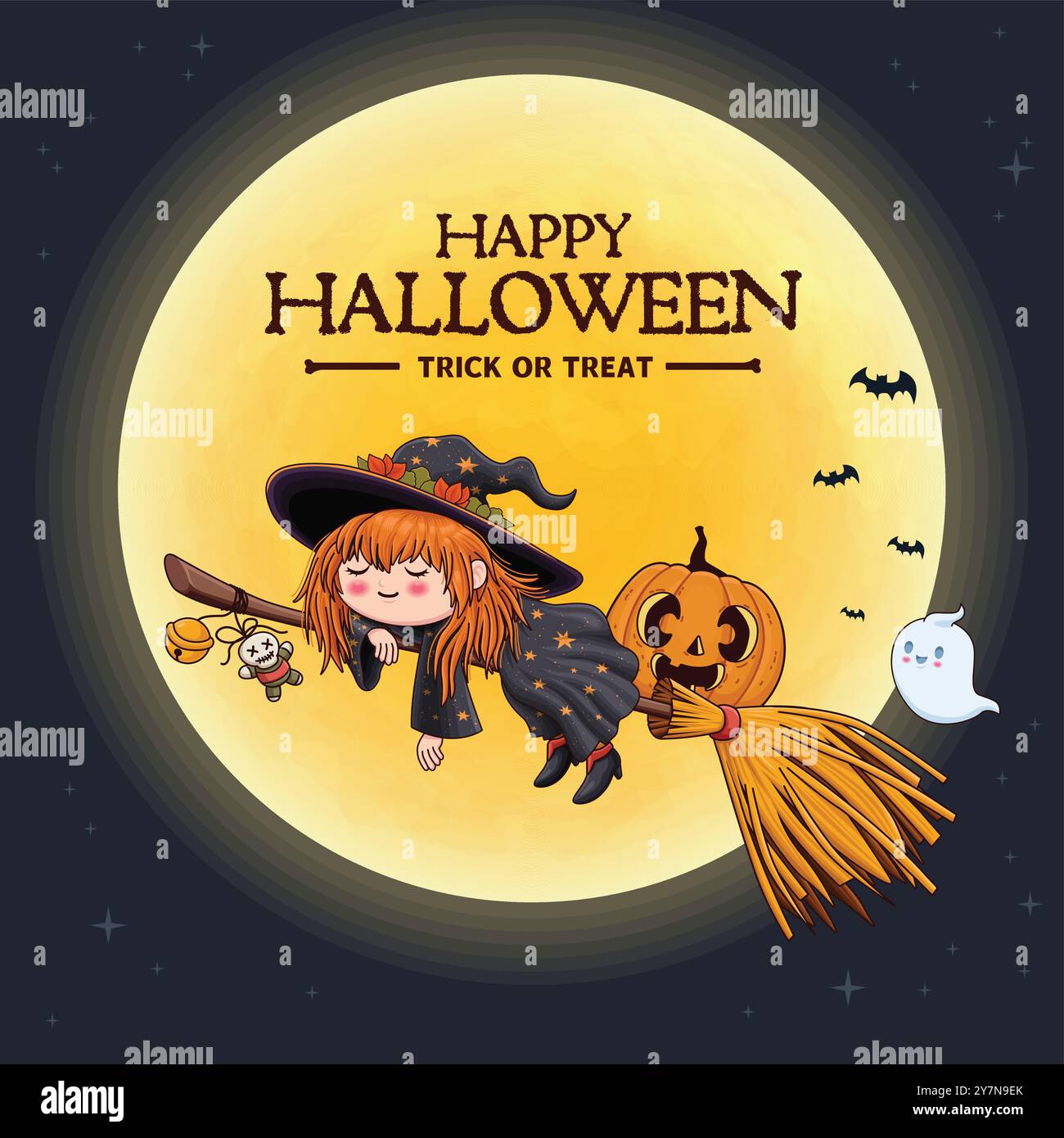 Vintage Halloween poster design with vector witch, ghost, jack o ...