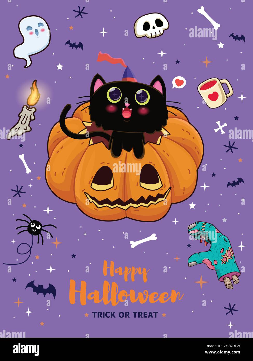 Vintage Halloween poster design with vector cat, jack o lantern ...