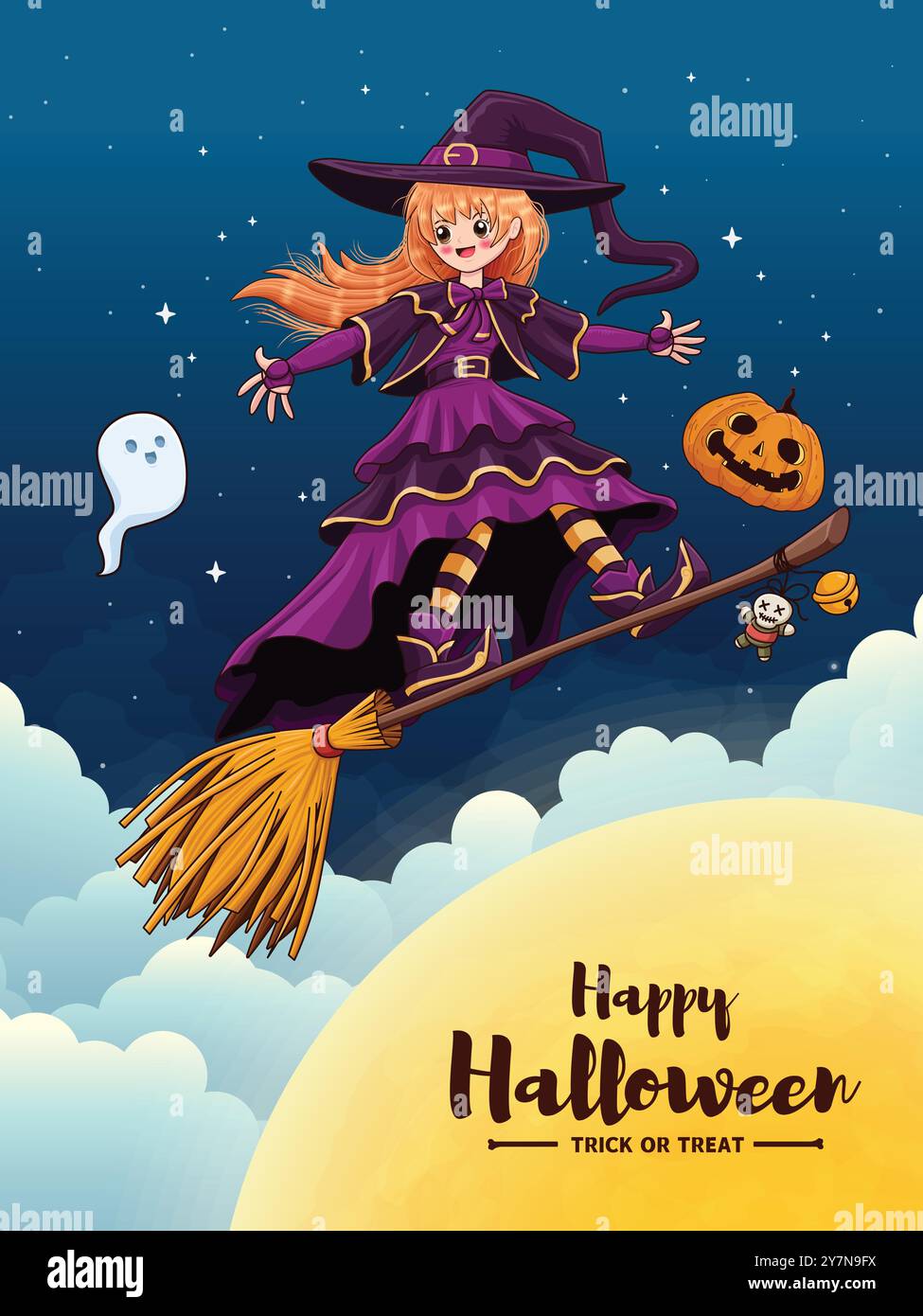 Vintage Halloween poster design with vector witch, ghost, jack o ...