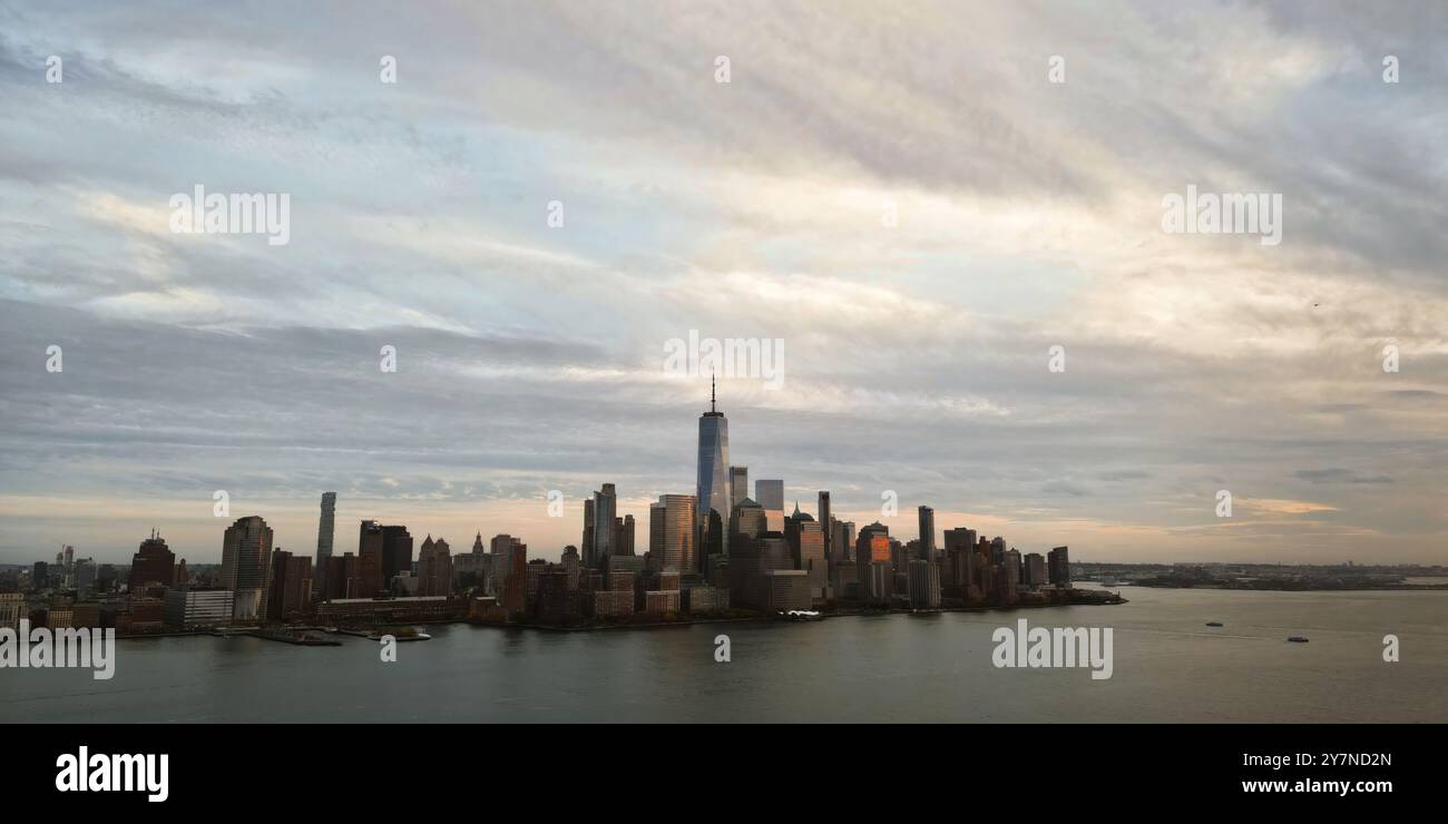 New York skyline from drone. New York Manhattan over the Hudson river ...