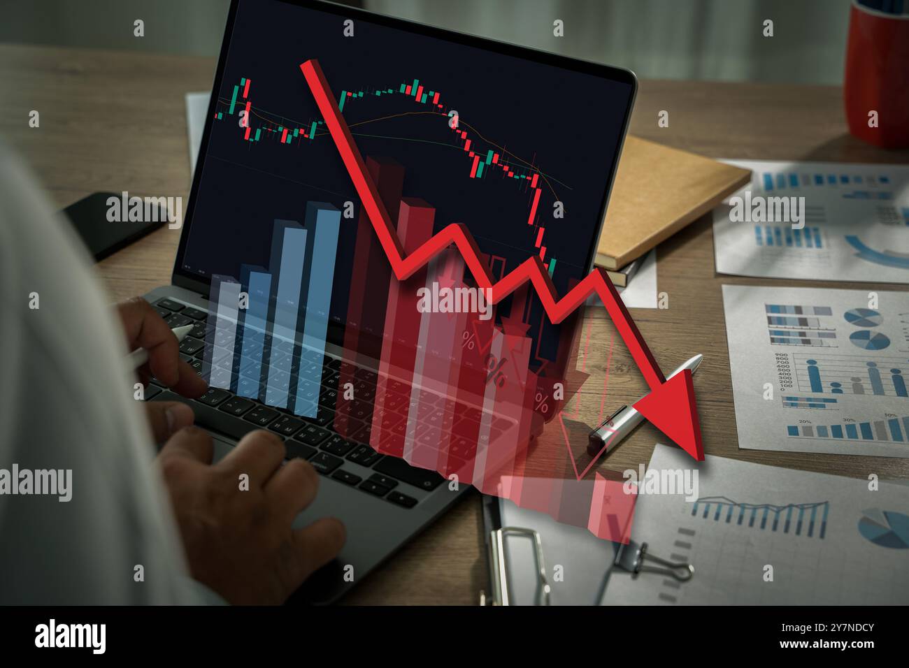 Stock market crash businessman with falling financial graph chart stock ...