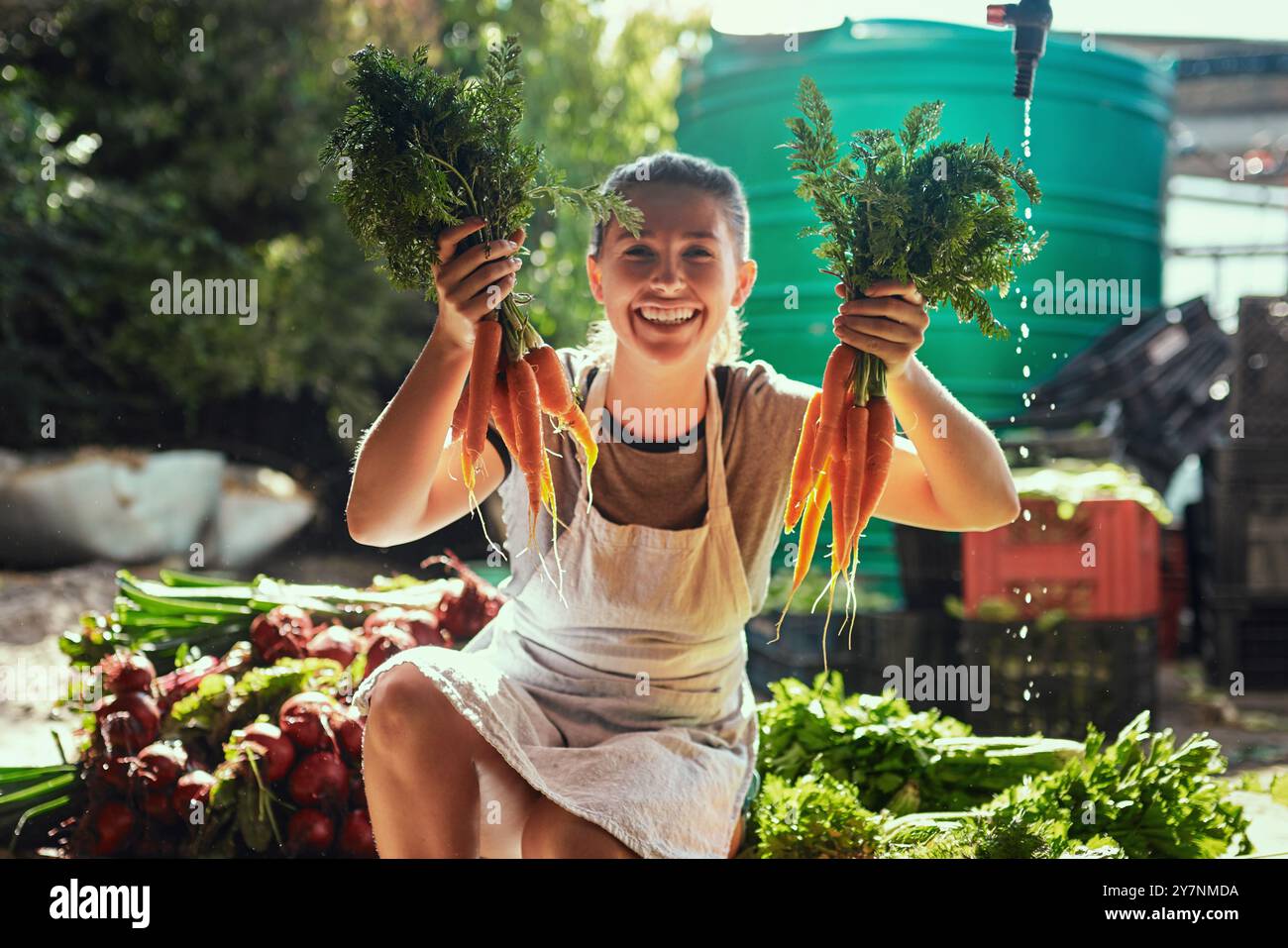 Happy woman, portrait and farmer with carrots for harvest, crops and ...