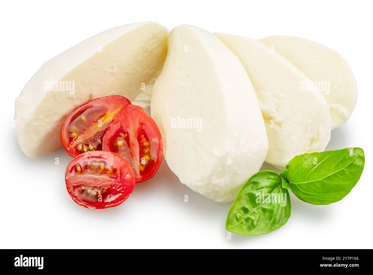 Sliced mozzarella cheese with basil leaves and cherry tomatoes on white ...