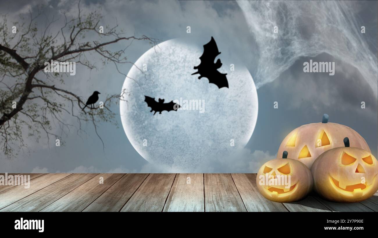 Two bats flying in the night sky above a full moon with jack o lantern ...