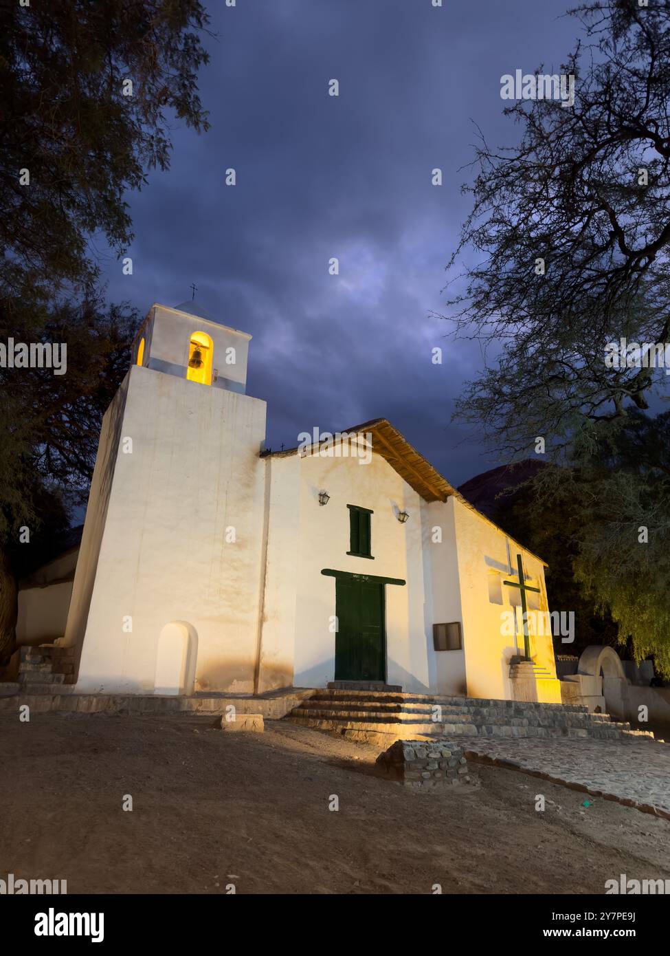 Facade of the Church of Santa Rosa de Lima lit up at night in ...