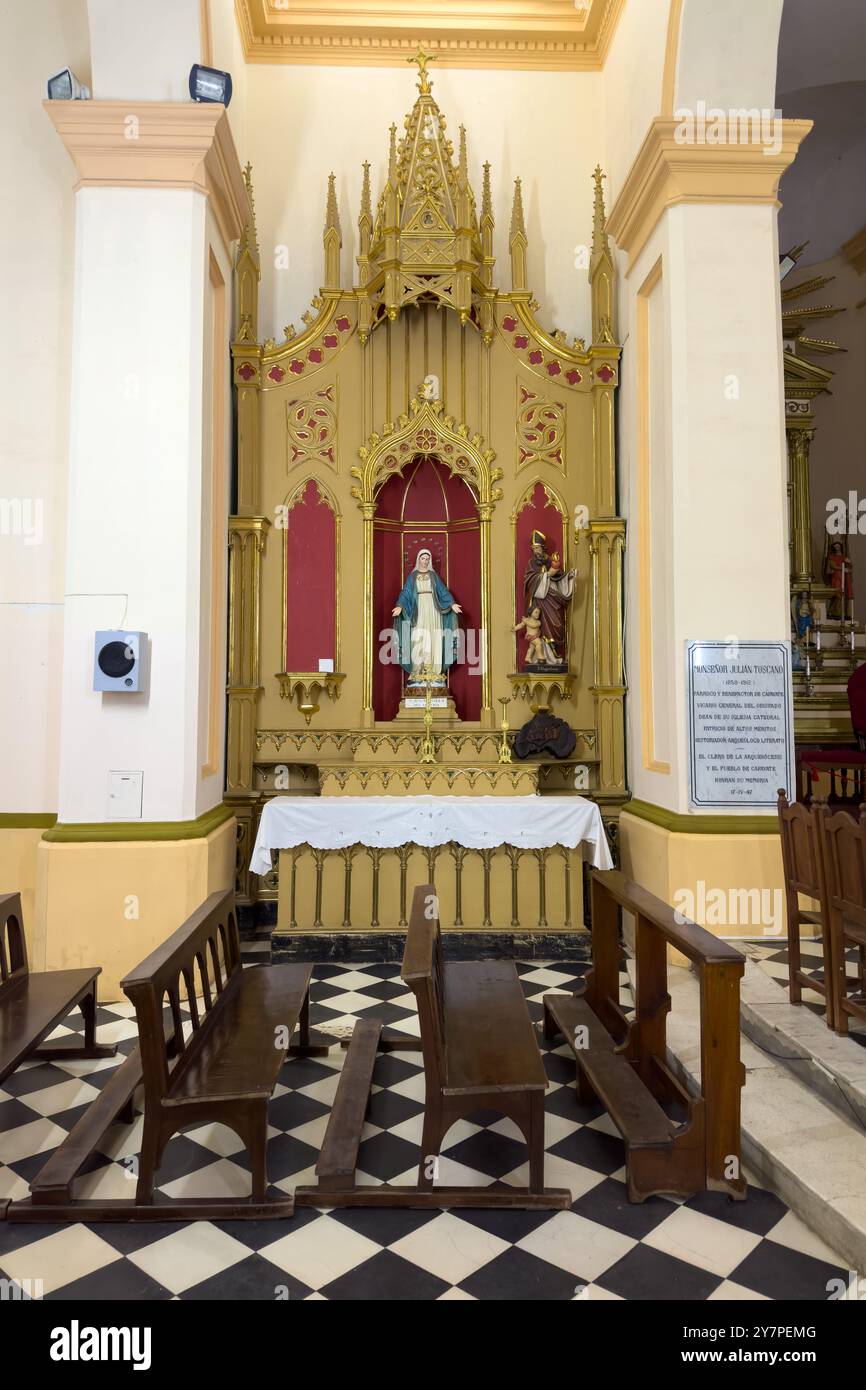 A side altar and altarpiece in the Cathedral of Our Lady of the Rosary in Cafayate, Salta Province, Argentina. Stock Photo