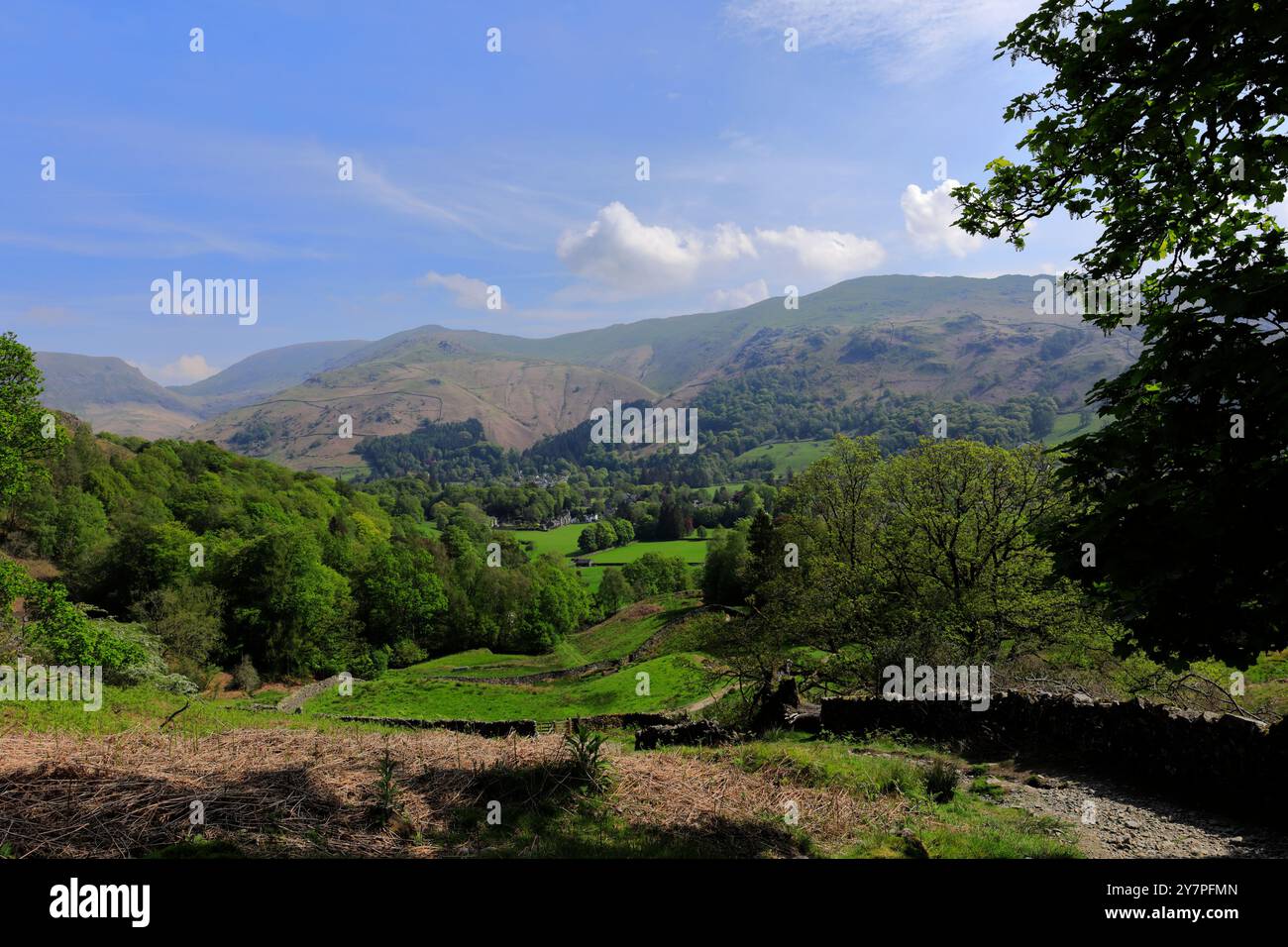 High view of Grasmere village and lake from Silver Howe fell, Lake District National Park, Cumbria, England, UK Stock Photo