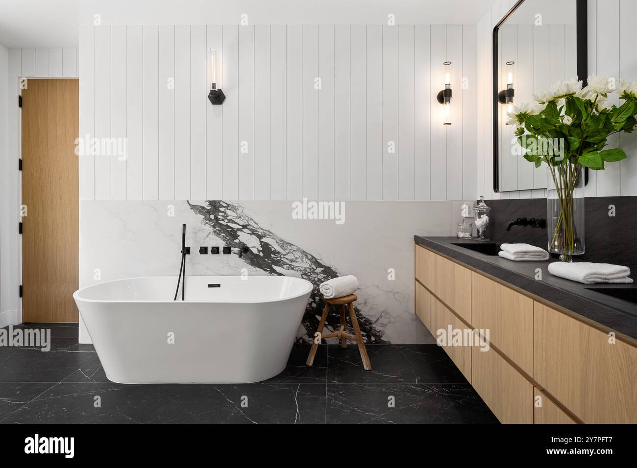 Modern bathroom interior with a freestanding bathtub, minimalist decor ...