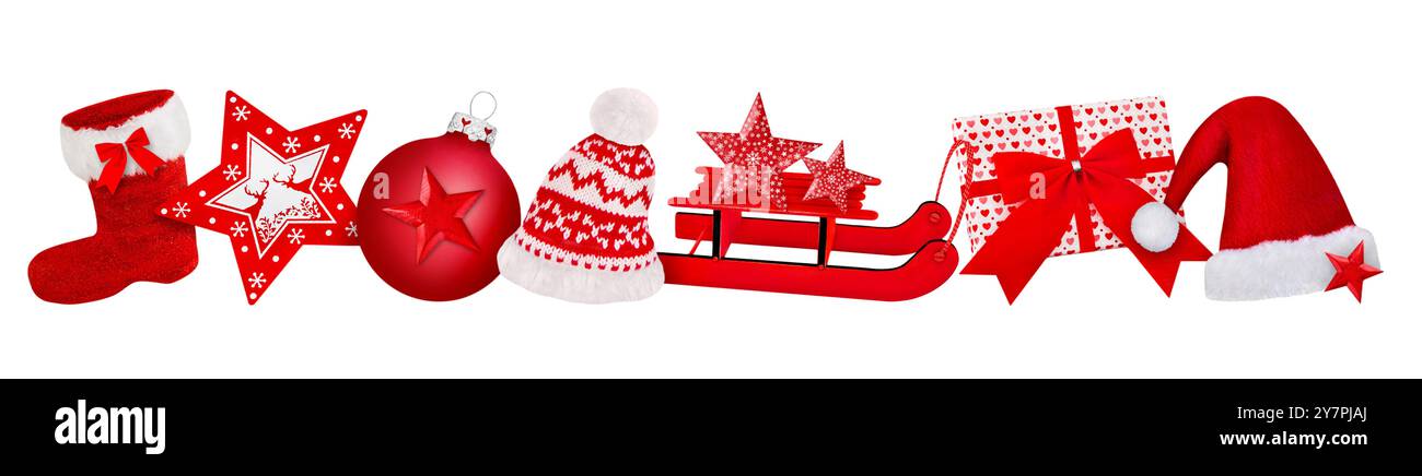 Various red Christmas decorations isolated on white background Stock Photo