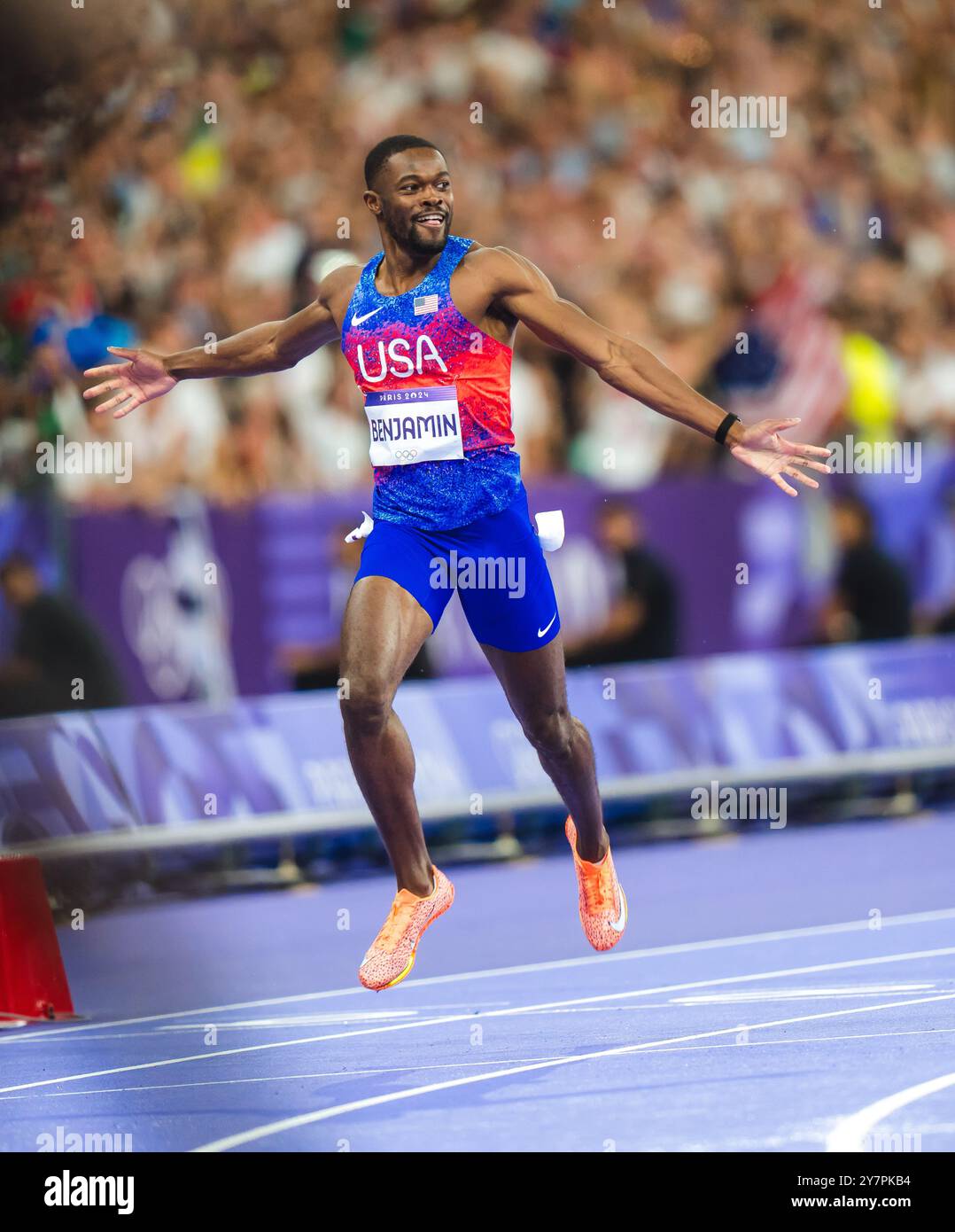Rai Benjamin winning in the 400 meters hurdles at the Paris 2024 ...