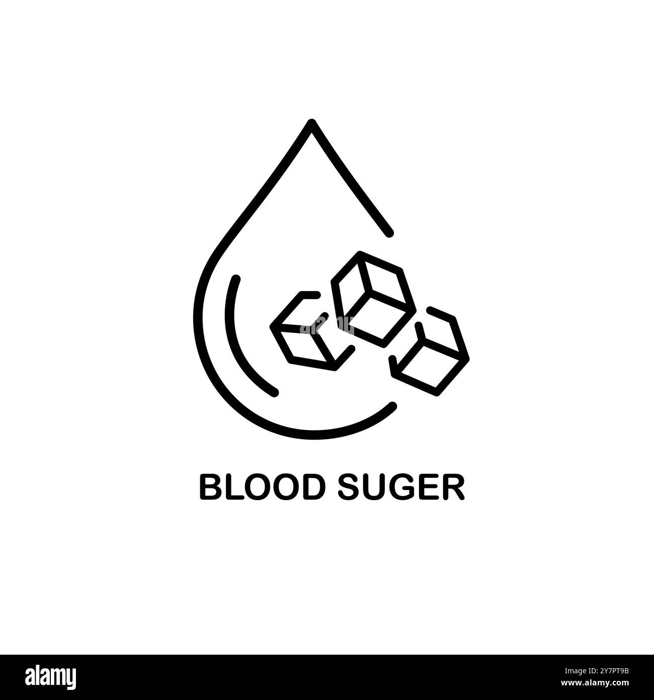 Blood sugar thin line icon. Droplet of blood with pieces of sugar inside. Diabetes diagnostics. Pixel perfect, editable stroke. Vector illustration. Stock Vector