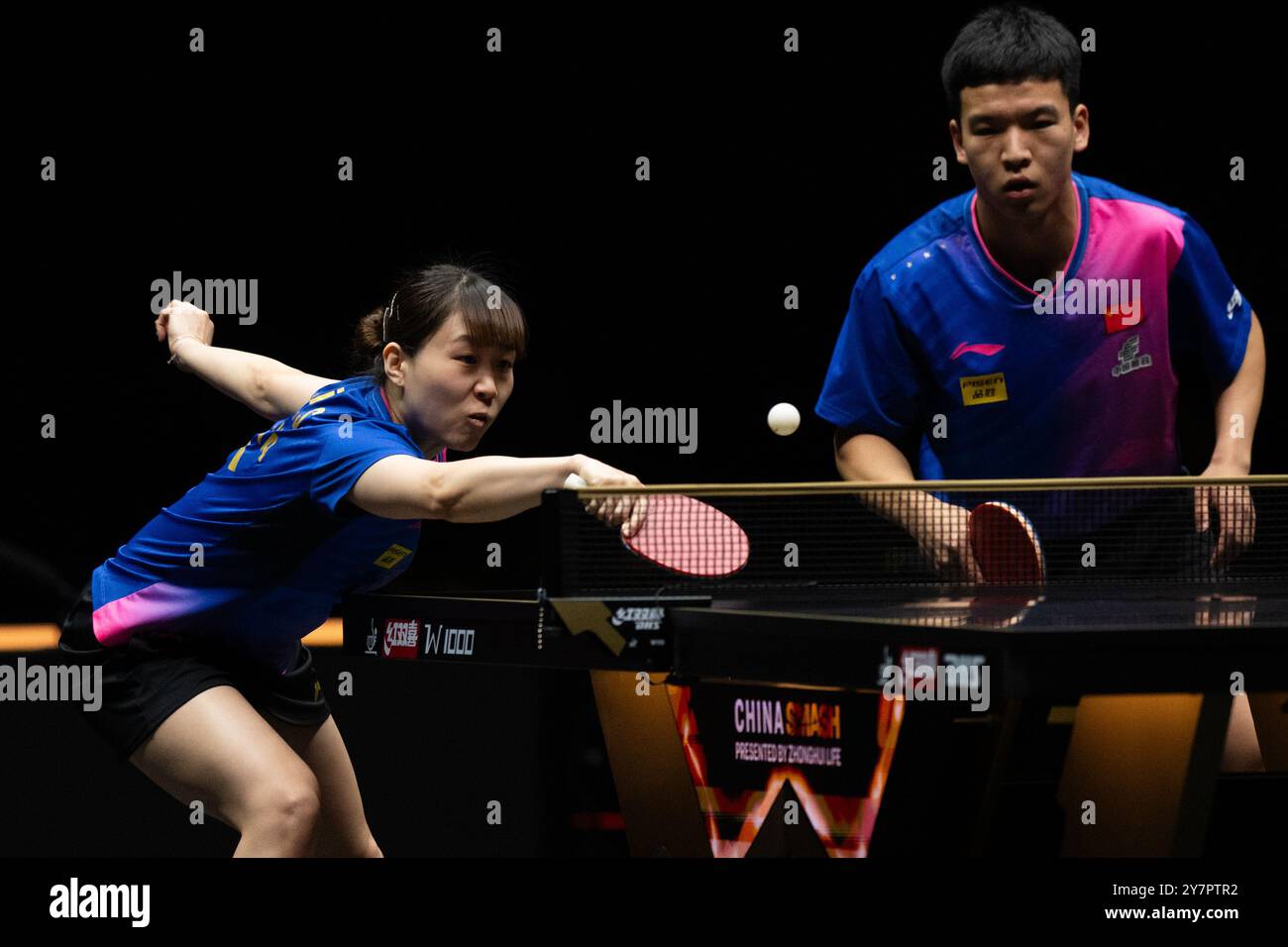 Beijing, China. 1st Oct, 2024. Xiang Peng/Liu Weishan (L) of China compete during the mixed doubles 2nd round match against Wong Chun Ting/Doo Hoi Kem of China's Hong Kong at 2024 World Table Tennis (WTT) China Smash in Beijing, China, Oct. 1, 2024. Credit: Xiao Yijiu/Xinhua/Alamy Live News Stock Photo