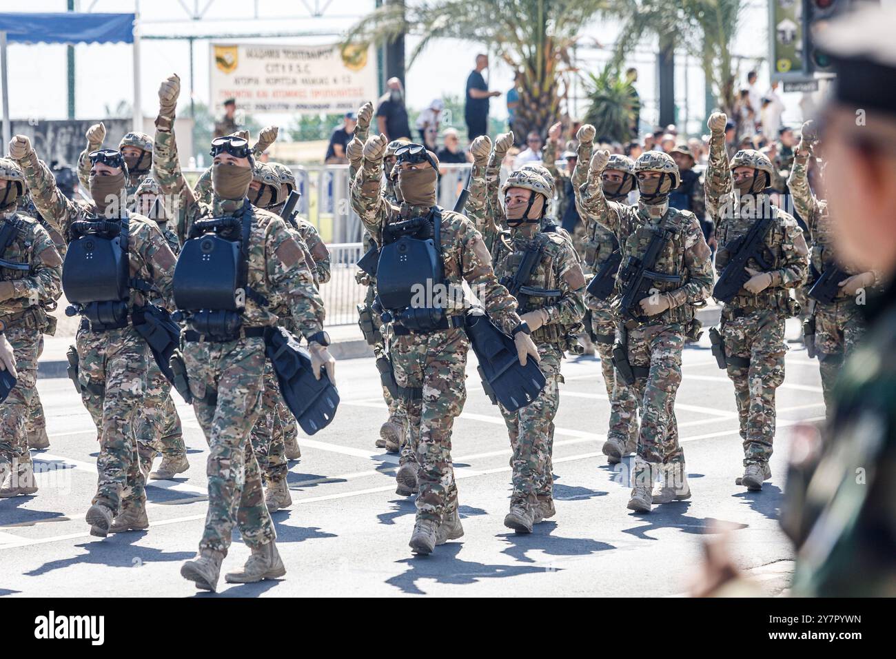 Nicosia, Cyprus. 01st Oct, 2024. Soldiers are marching during the parade,  Nicosia, Cyprus, on Oct. 1, 2024. A military parade took place today to  commemorate the 64th anniversary of the Independence Day