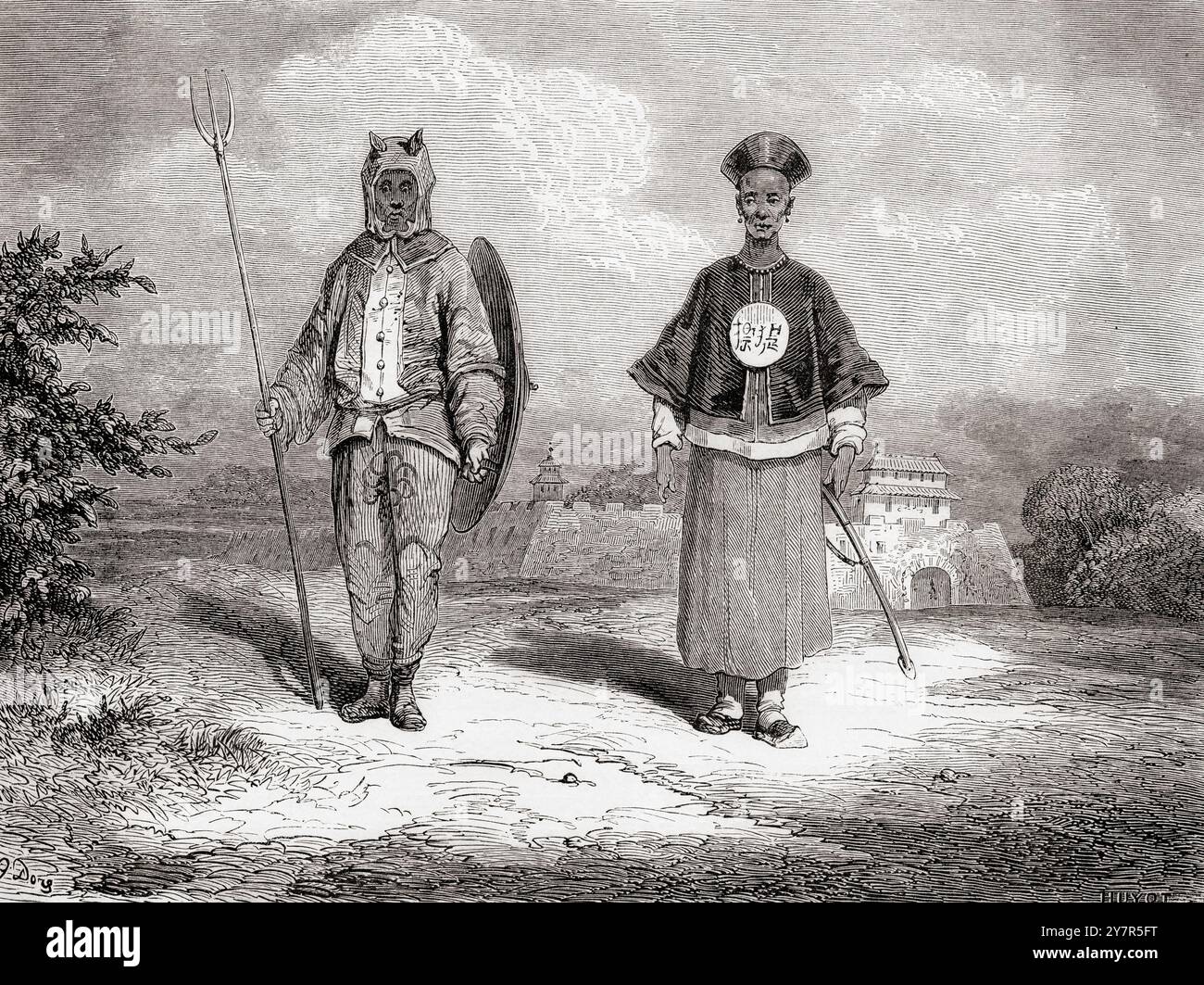 A Chinese War Tiger soldier and Brave, 19th century.  From Le Tour du Monde, published Paris, 1860. Stock Photo
