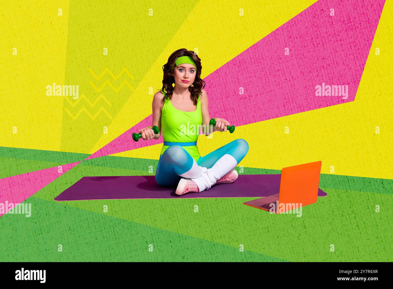 Creative collage young sportswoman video online training laptop ...