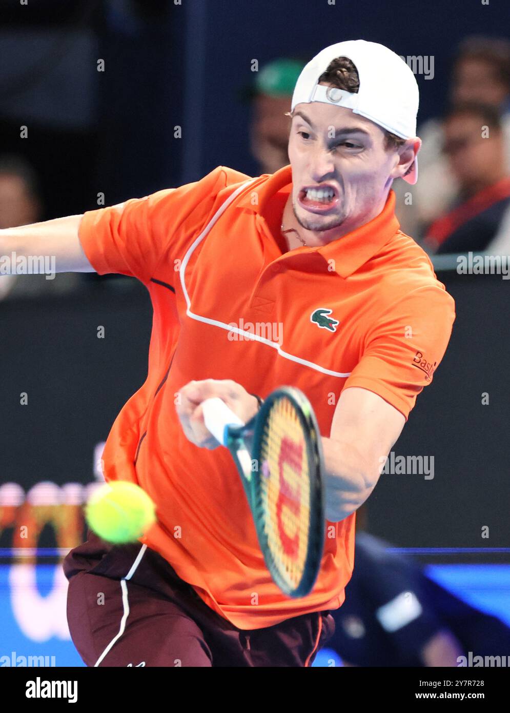Tokyo, Japan. 1st Oct, 2024. Ugo Humbert of Francei retuens the ball against his compatriot Arthur Fils at the final match of the Japan Open Tennis championships at the Ariake Colosseum in Tokyo on Tuesday, October 1, 2024. (photo by Yoshio Tsunoda/AFLO) Credit: Aflo Co. Ltd./Alamy Live News Stock Photo