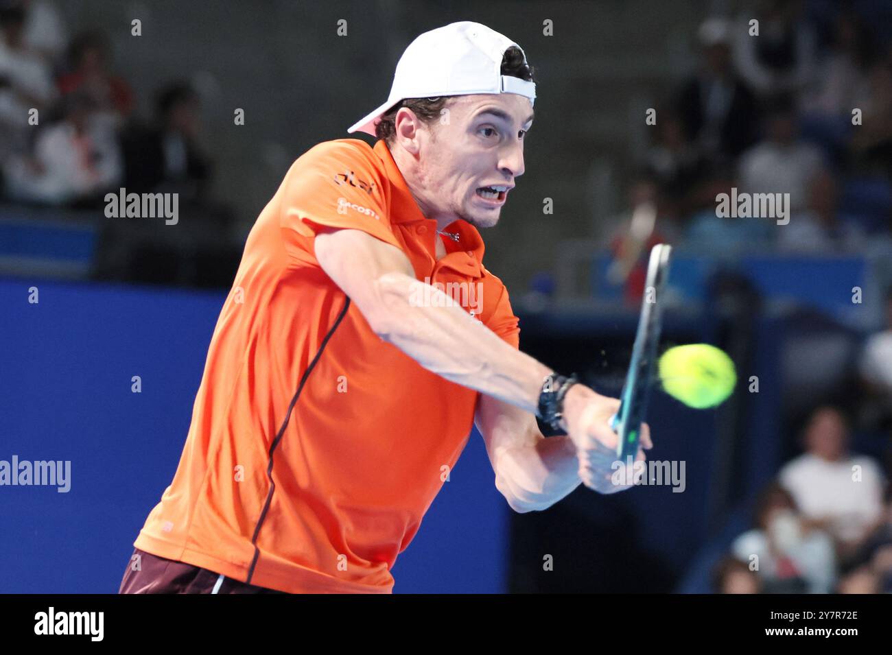 Tokyo, Japan. 1st Oct, 2024. Ugo Humbert of Francei retuens the ball against his compatriot Arthur Fils at the final match of the Japan Open Tennis championships at the Ariake Colosseum in Tokyo on Tuesday, October 1, 2024. (photo by Yoshio Tsunoda/AFLO) Credit: Aflo Co. Ltd./Alamy Live News Stock Photo