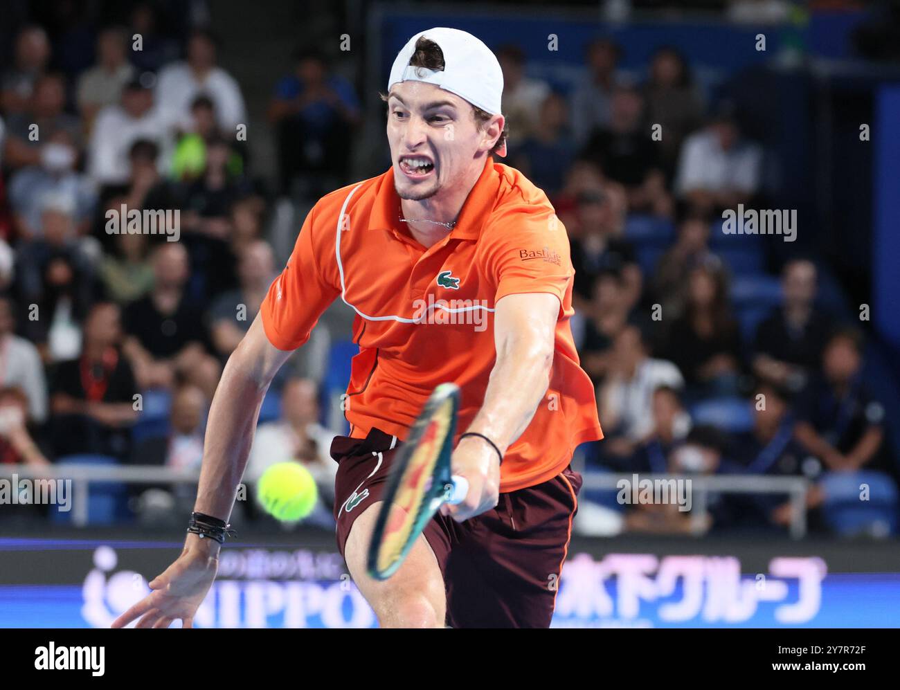 Tokyo, Japan. 1st Oct, 2024. Ugo Humbert of Francei retuens the ball against his compatriot Arthur Fils at the final match of the Japan Open Tennis championships at the Ariake Colosseum in Tokyo on Tuesday, October 1, 2024. (photo by Yoshio Tsunoda/AFLO) Credit: Aflo Co. Ltd./Alamy Live News Stock Photo
