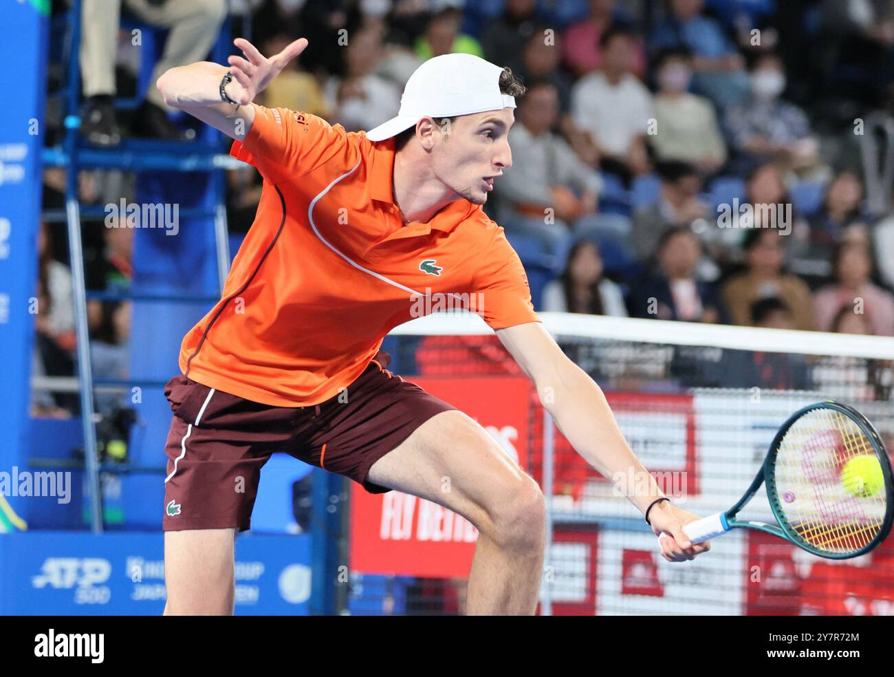 Tokyo, Japan. 1st Oct, 2024. Ugo Humbert of Francei retuens the ball against his compatriot Arthur Fils at the final match of the Japan Open Tennis championships at the Ariake Colosseum in Tokyo on Tuesday, October 1, 2024. (photo by Yoshio Tsunoda/AFLO) Credit: Aflo Co. Ltd./Alamy Live News Stock Photo