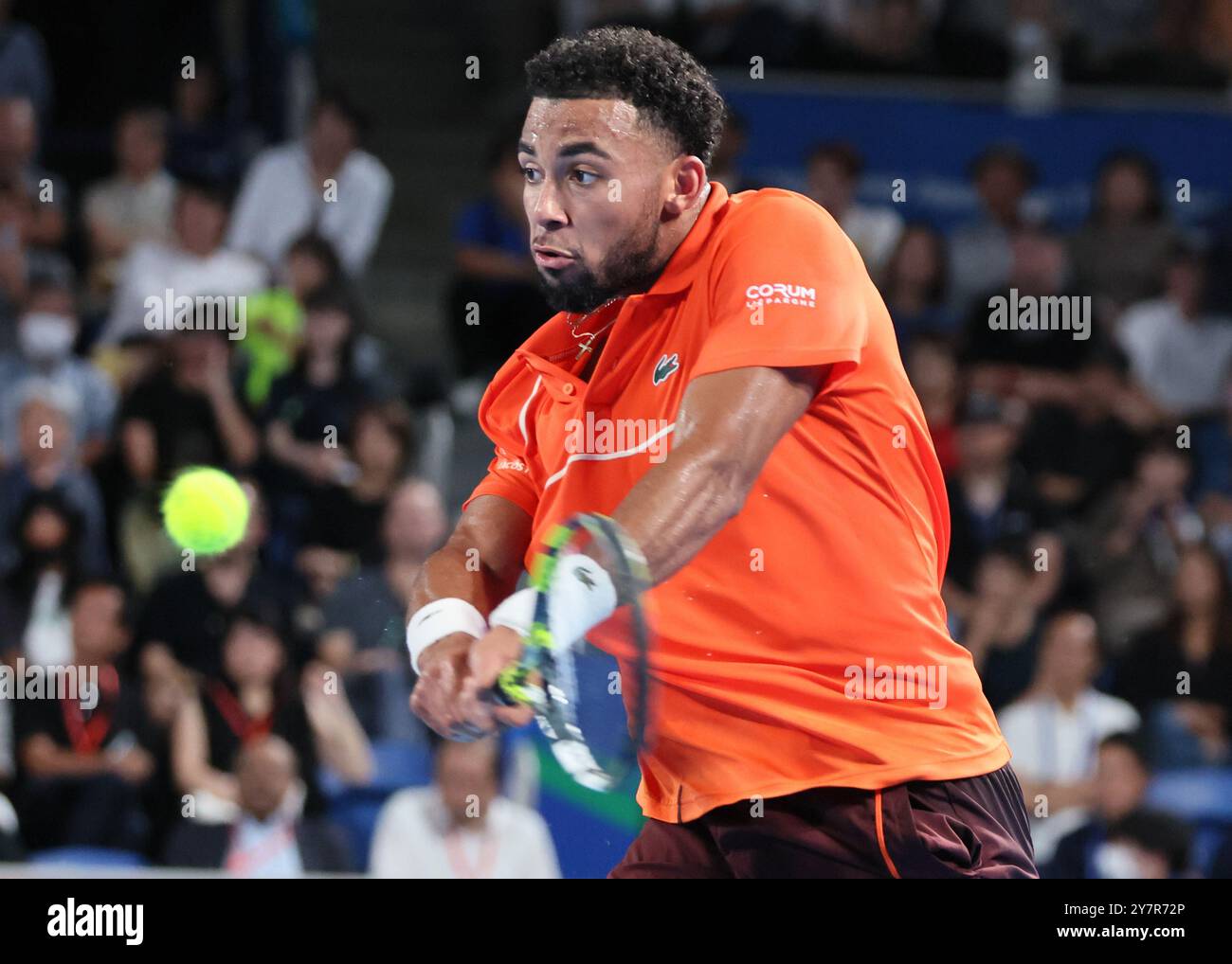 Tokyo, Japan. 1st Oct, 2024. Arthur Fils of Francei retuens the ball against his compatriot Ugo Humbert at the final match of the Japan Open Tennis championships at the Ariake Colosseum in Tokyo on Tuesday, October 1, 2024. (photo by Yoshio Tsunoda/AFLO) Credit: Aflo Co. Ltd./Alamy Live News Stock Photo