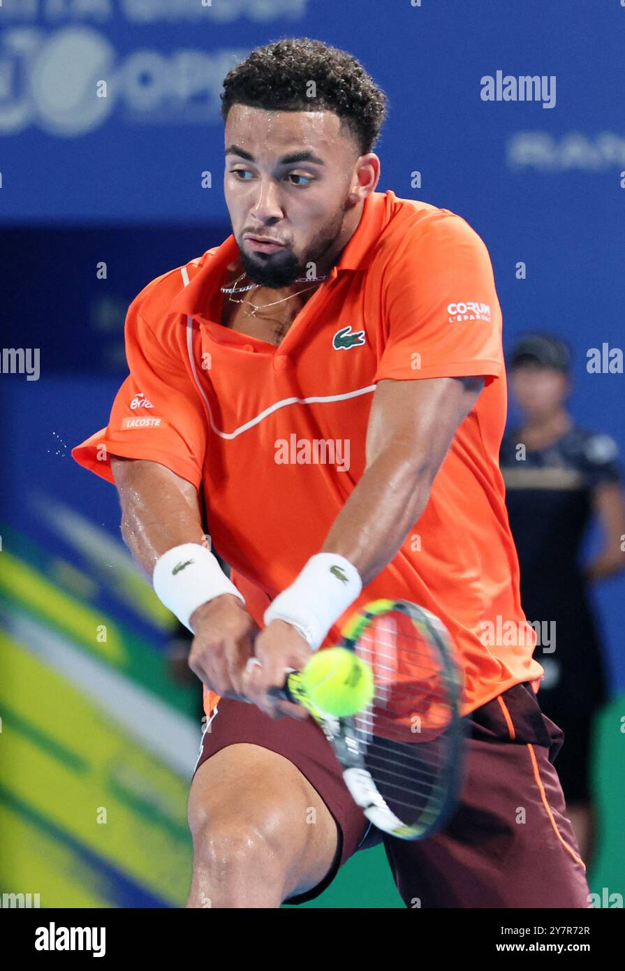 Tokyo, Japan. 1st Oct, 2024. Arthur Fils of Francei retuens the ball against his compatriot Ugo Humbert at the final match of the Japan Open Tennis championships at the Ariake Colosseum in Tokyo on Tuesday, October 1, 2024. (photo by Yoshio Tsunoda/AFLO) Credit: Aflo Co. Ltd./Alamy Live News Stock Photo