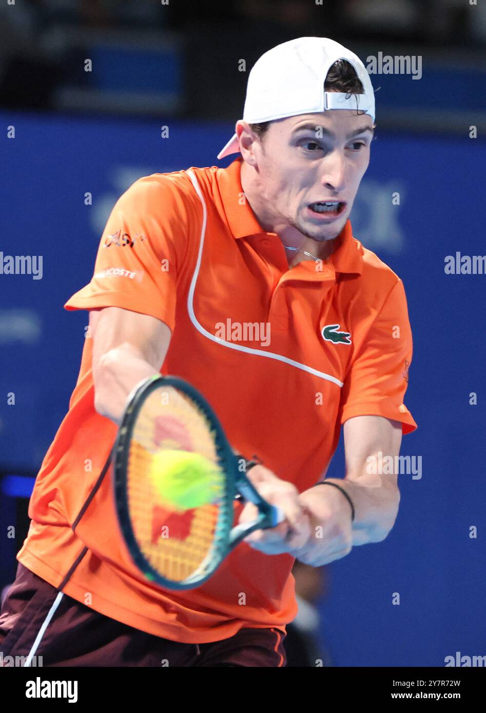 Tokyo, Japan. 1st Oct, 2024. Ugo Humbert of Francei retuens the ball against his compatriot Arthur Fils at the final match of the Japan Open Tennis championships at the Ariake Colosseum in Tokyo on Tuesday, October 1, 2024. (photo by Yoshio Tsunoda/AFLO) Credit: Aflo Co. Ltd./Alamy Live News Stock Photo