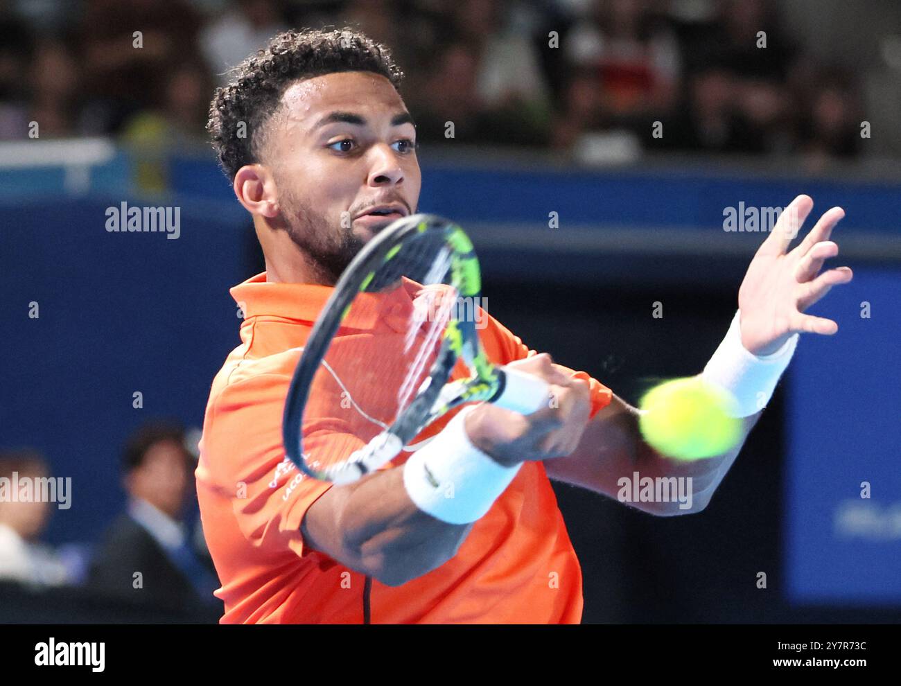 Tokyo, Japan. 1st Oct, 2024. Arthur Fils of Francei retuens the ball against his compatriot Ugo Humbert at the final match of the Japan Open Tennis championships at the Ariake Colosseum in Tokyo on Tuesday, October 1, 2024. (photo by Yoshio Tsunoda/AFLO) Credit: Aflo Co. Ltd./Alamy Live News Stock Photo