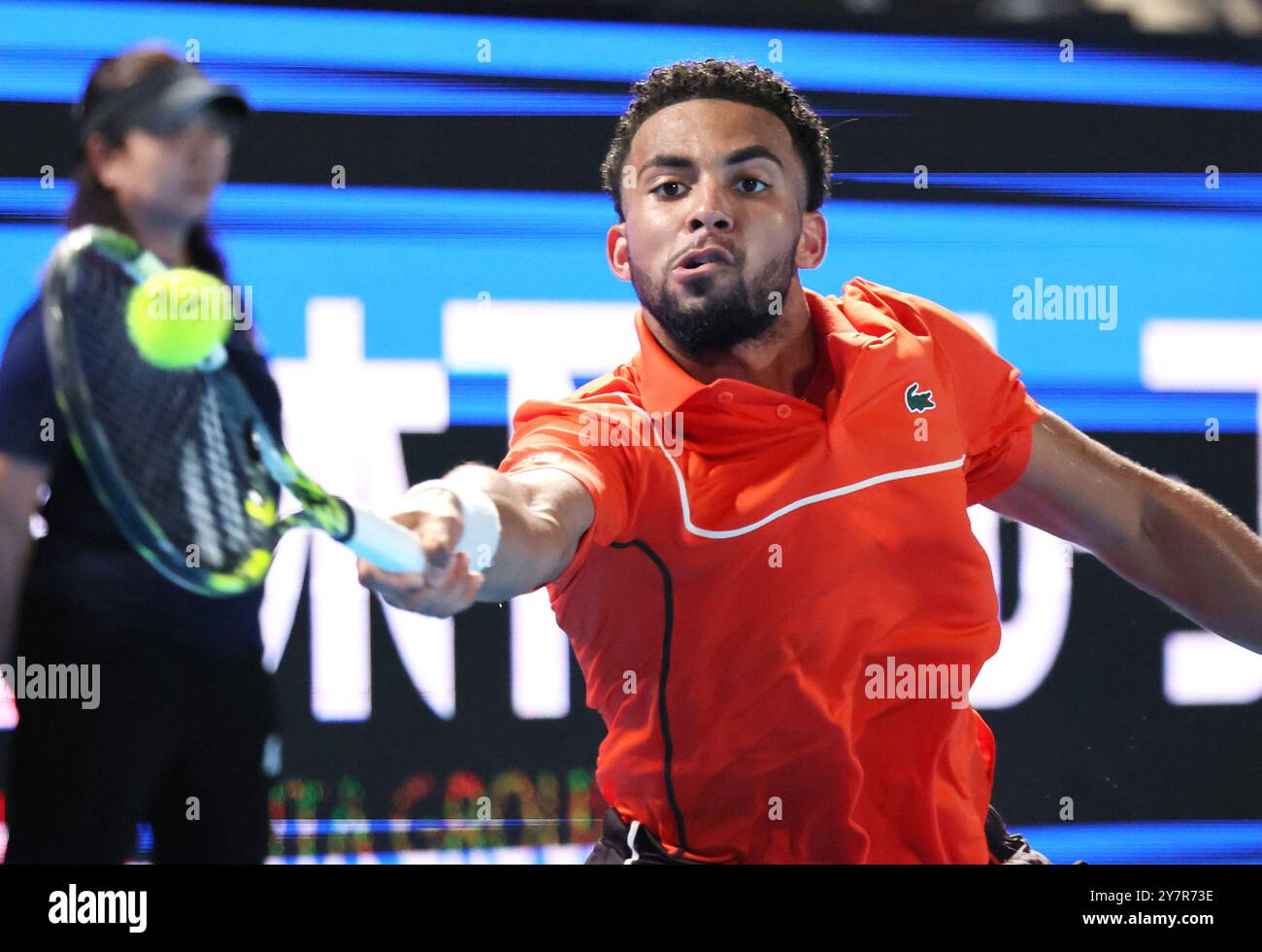 Tokyo, Japan. 1st Oct, 2024. Arthur Fils of Francei retuens the ball against his compatriot Ugo Humbert at the final match of the Japan Open Tennis championships at the Ariake Colosseum in Tokyo on Tuesday, October 1, 2024. (photo by Yoshio Tsunoda/AFLO) Credit: Aflo Co. Ltd./Alamy Live News Stock Photo