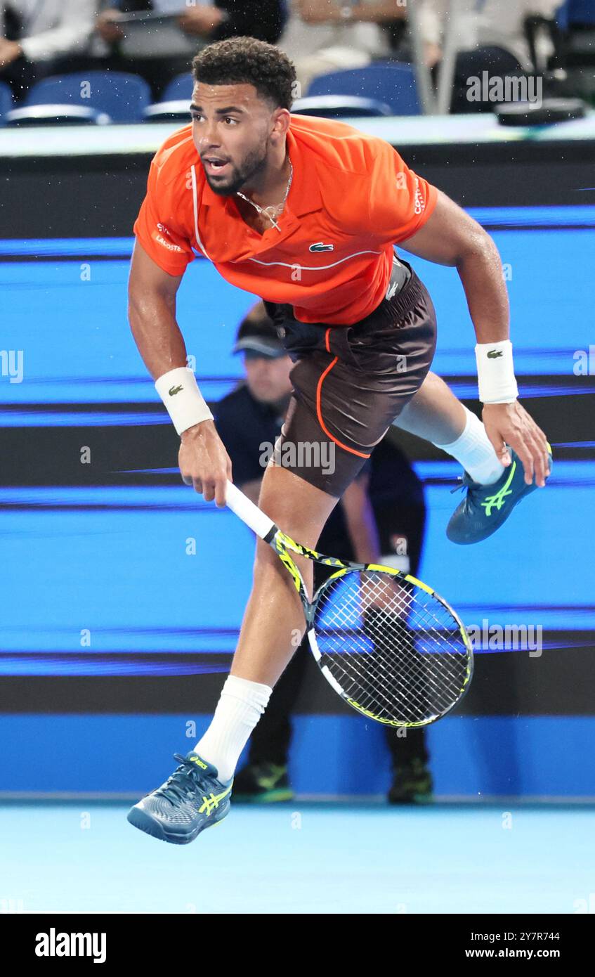 Tokyo, Japan. 1st Oct, 2024. Arthur Fils of Francei delivers a service against his compatriot Ugo Humbert at the final match of the Japan Open Tennis championships at the Ariake Colosseum in Tokyo on Tuesday, October 1, 2024. (photo by Yoshio Tsunoda/AFLO) Credit: Aflo Co. Ltd./Alamy Live News Stock Photo