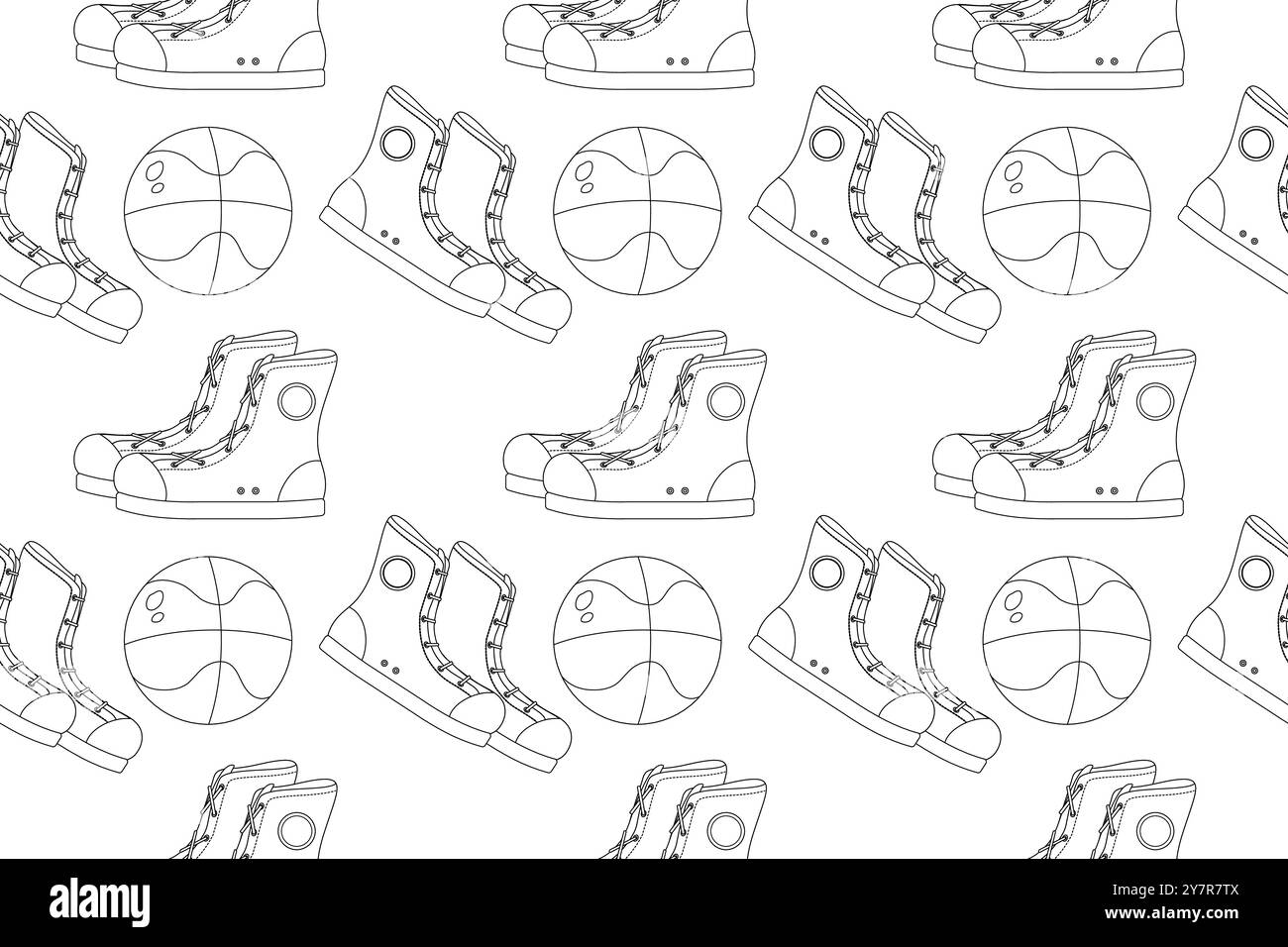 Seamless black and white vector pattern featuring basketball shoes and balls. Ideal for coloring books, kids activities, and back-to-school designs. Stock Vector