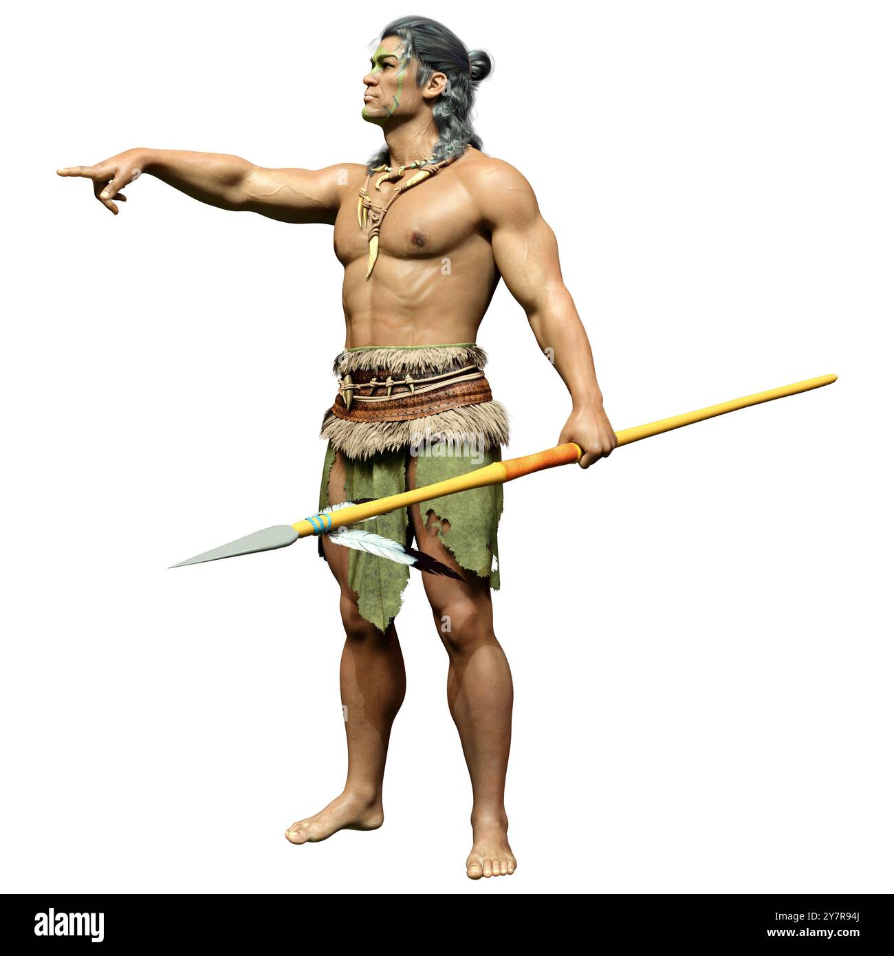 3D rendering of a native American man holding a spear isolated on white ...