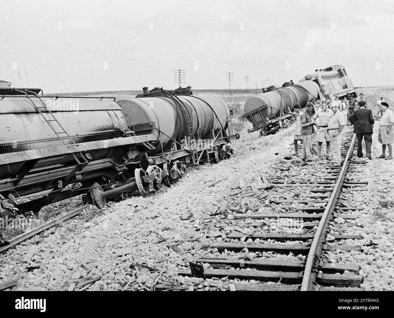 Israeli train derailed on Jordan border 27.10.53. The Israeli Army has ...