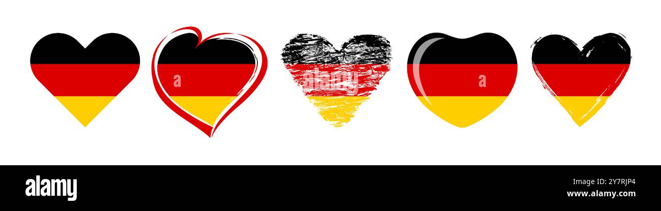 Set of creative heart shapes with flag of Germany. Classic and hand drawn art style. Tourism symbol. Welcome to Germany travel agency branding concept Stock Vector