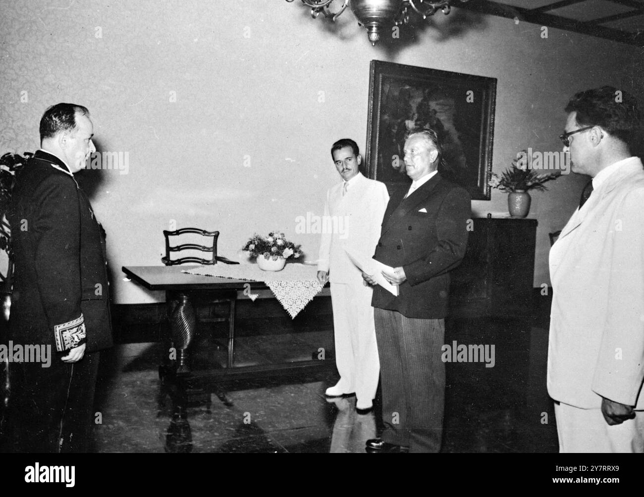 SOVIET AMBASSADOR APPOINTED TO YUGOSLAVIA 5.8.53For the first time since Marshal Tito's break with the Cominform a Soviet Ambassador has been appointed to Yugoslavia. Photo shows The new Soviet Ambassador, Vasilije Valjkov (left) presenting his credentials to the Yugoslav President, Marshal Tito (wearing dark suit at right).  5 August 1953 Stock Photo