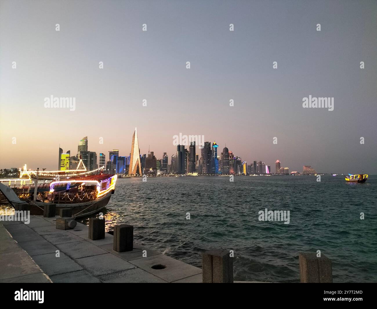 Architectural Marvel Overlooking the Gulf at West Bay Corniche, Doha - Smartphone Captured Stock Image