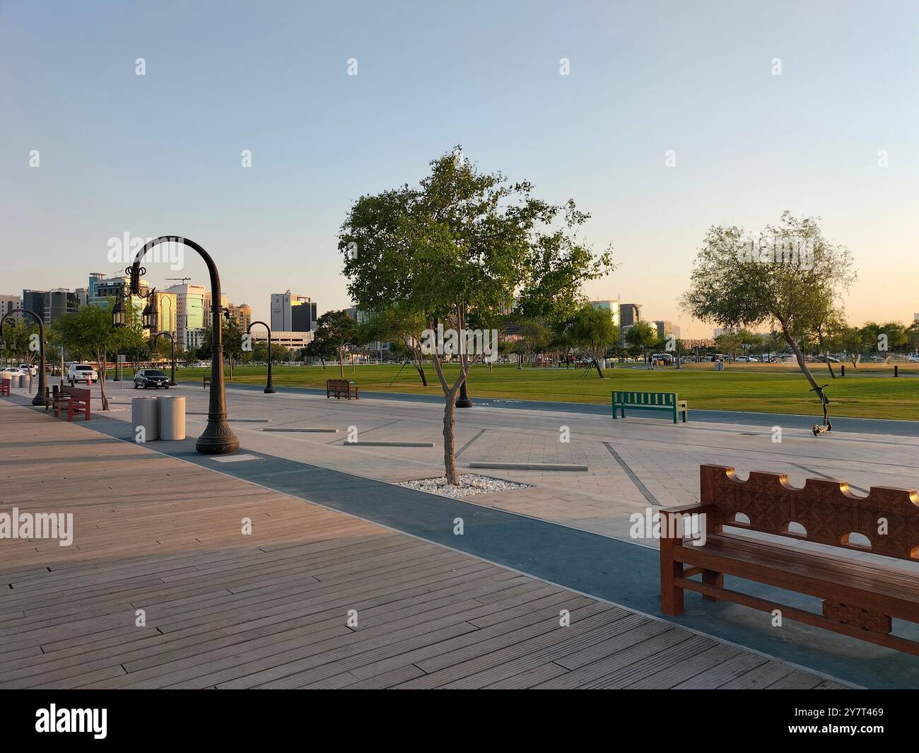 Wooden Bench and Walking Path Under a Tree in a Public Park, Doha - Smartphone Captured Stock Image