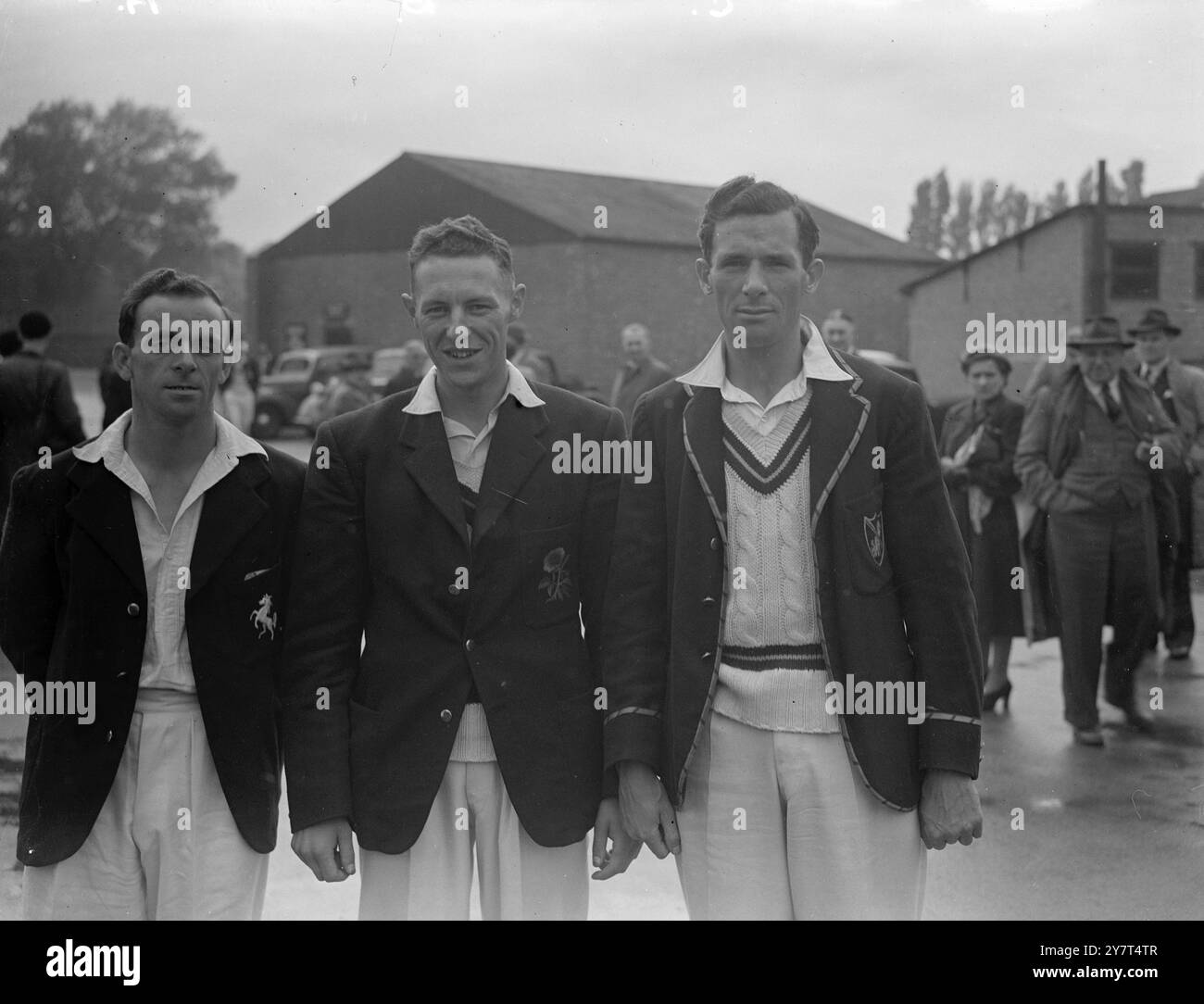 Left to right :- F . Ridgeway ( Kent ) A . Wharton ( Lancs)   V . Brodenich ( Derby )       1 June 1949 Stock Photo