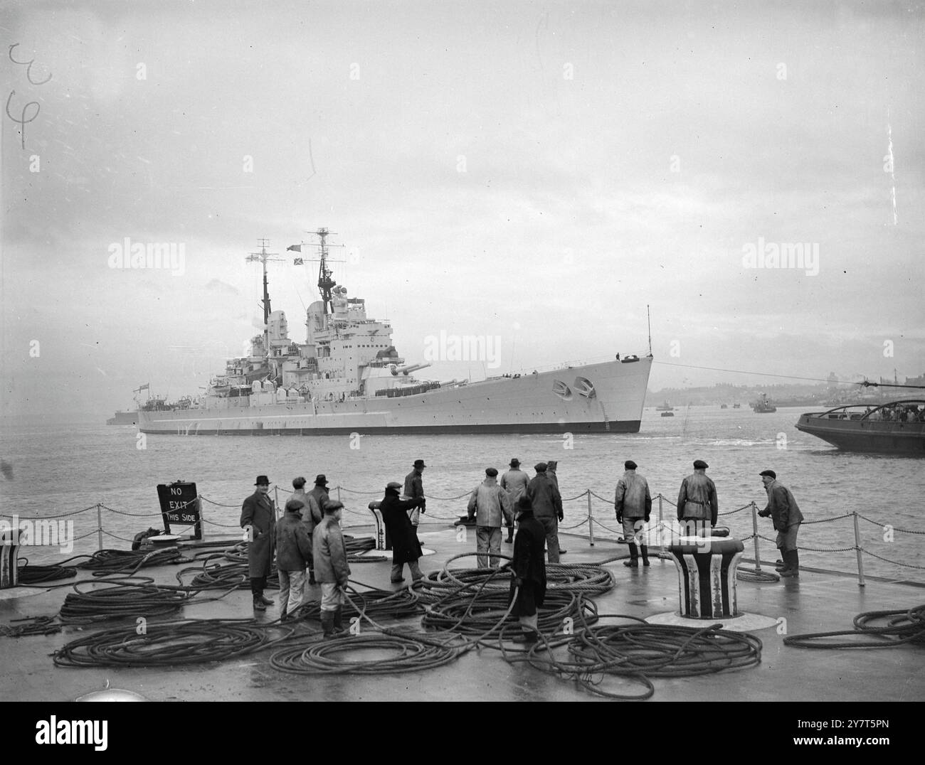 VANGUARD ARRIVES HOME FOR CHRISTMAS    The battleship Vanguard, wearing the flag of the commander-in-chief, Home Fleet (Admiral Sir Philip L. Vian , K.C.B., K.B.E., D.S.O.) pictured as she arrived at Portsmouth today. With other ships of the Home Fleet she can return home at the conclusion of the fleet autumn Cruise in time for all units to receive Christmas leave. The ships have been paying courtesy visits to Portuguese and French ports since leaving Gibraltar at the end of November.  6 December 1950 Stock Photo