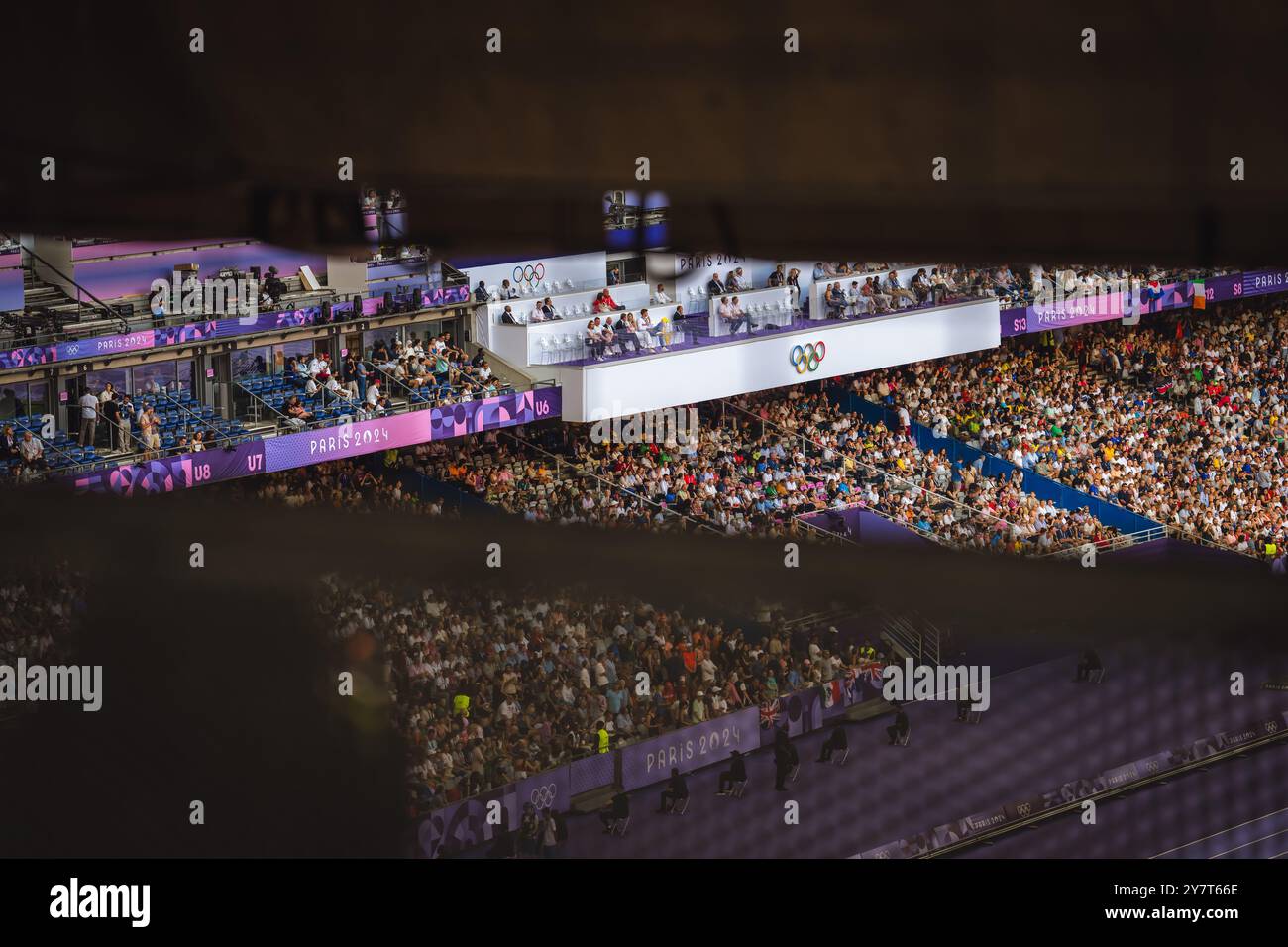 Spectators Box Interior of the Stade de France with the Olympic rings and the box with ...