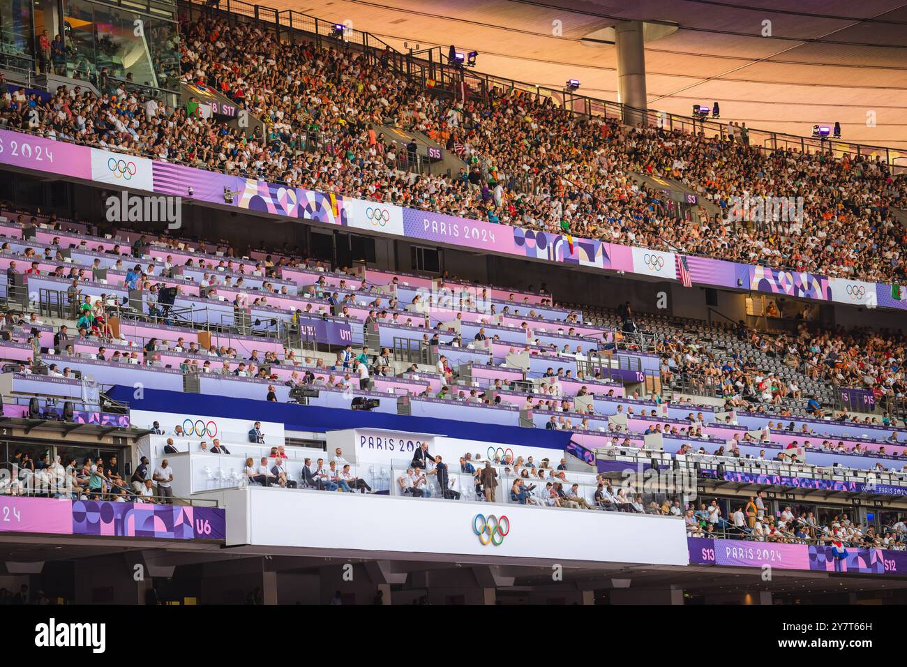 Spectators Box Interior of the Stade de France with the Olympic rings and the box with ...