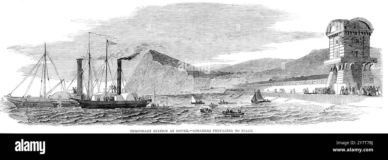 Channel telegraph cable laying for the Atlantic Cable and Submarine Telegraph, the temporary station at Dover where steamers prepare to start. 7 September 1850 Stock Photo