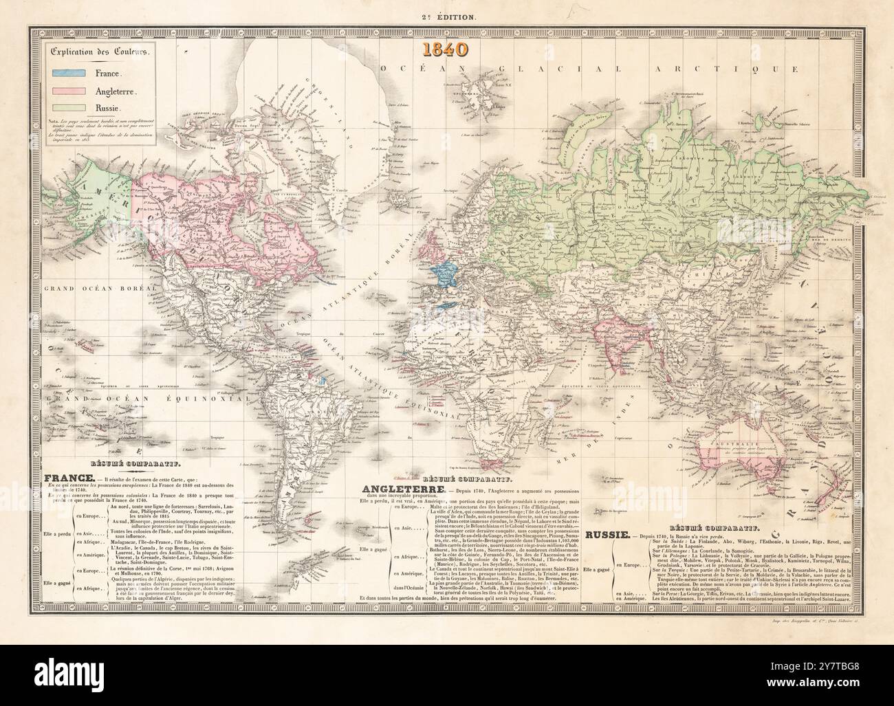 Vintage 1840 Map of World showing the colonial territories of France, England and Russia Empires .  French language. Stock Photo