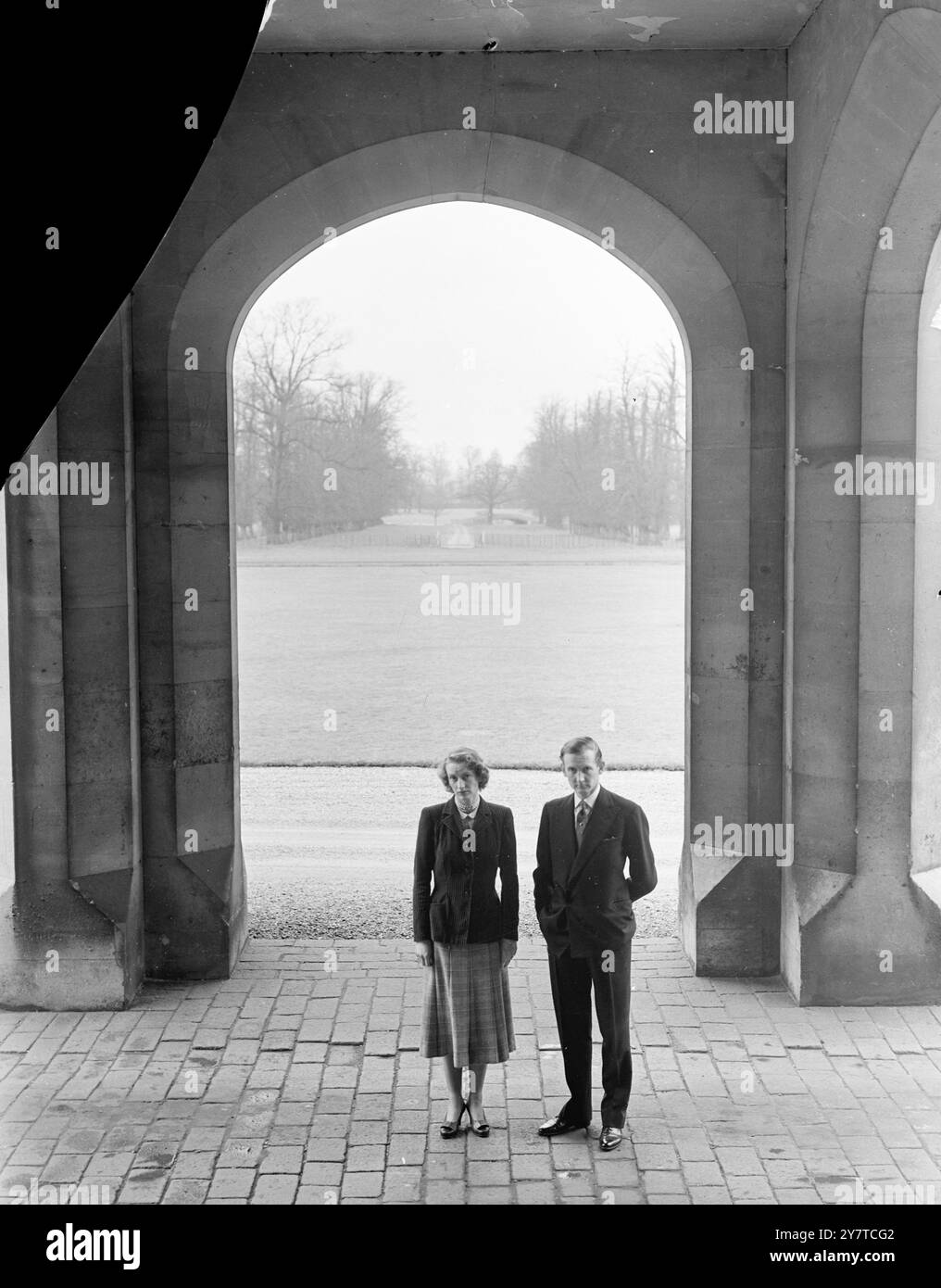 DUKE AND DUCHESS TO OPEN HISTORIC LONDON HOME TO PUBLIC    The new show place with historical associations rivalling those of the Tower of London will be available to visitors this summer when Syon House, Brentford, near London, townhouse of Hugh Percy, 35-year-old 10th Duke of Northumberland, will be open to the public. Syon house had its last public visitors in 1851. a former monastery, the house is on the site of a battle between Julius Caesar's Romans and Britons.  Queen Catherine Howard stayed there before execution and England's nine-day queen, Lady Jane Grey, sailed from Syon to be proc Stock Photo